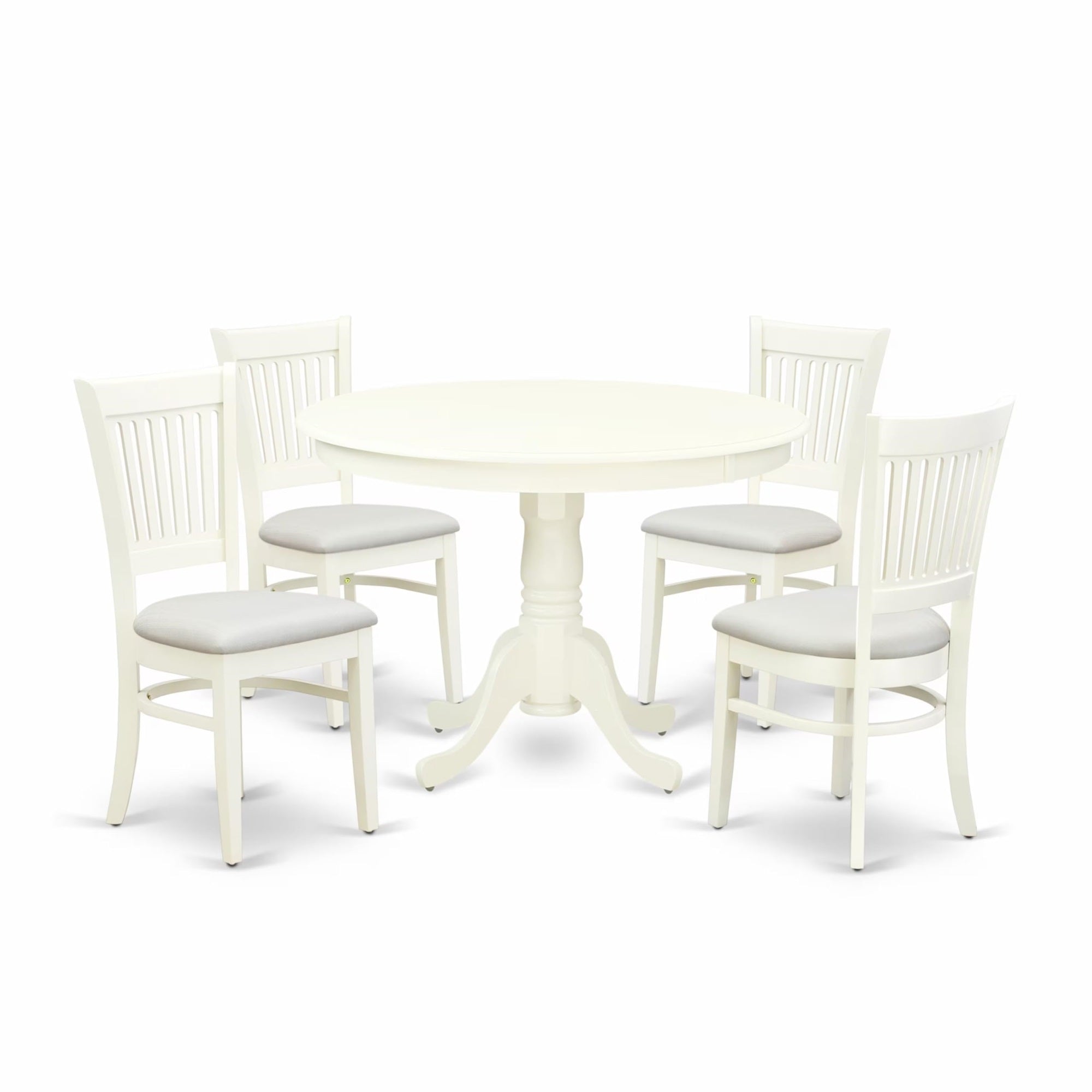 Casafoyer Hartland 5 Piece Kitchen Set For 4 Includes A Round Room Table With Pedestal And 4 Fabric Upholstered Dining Chairs, 42X42 Inch, Linen White