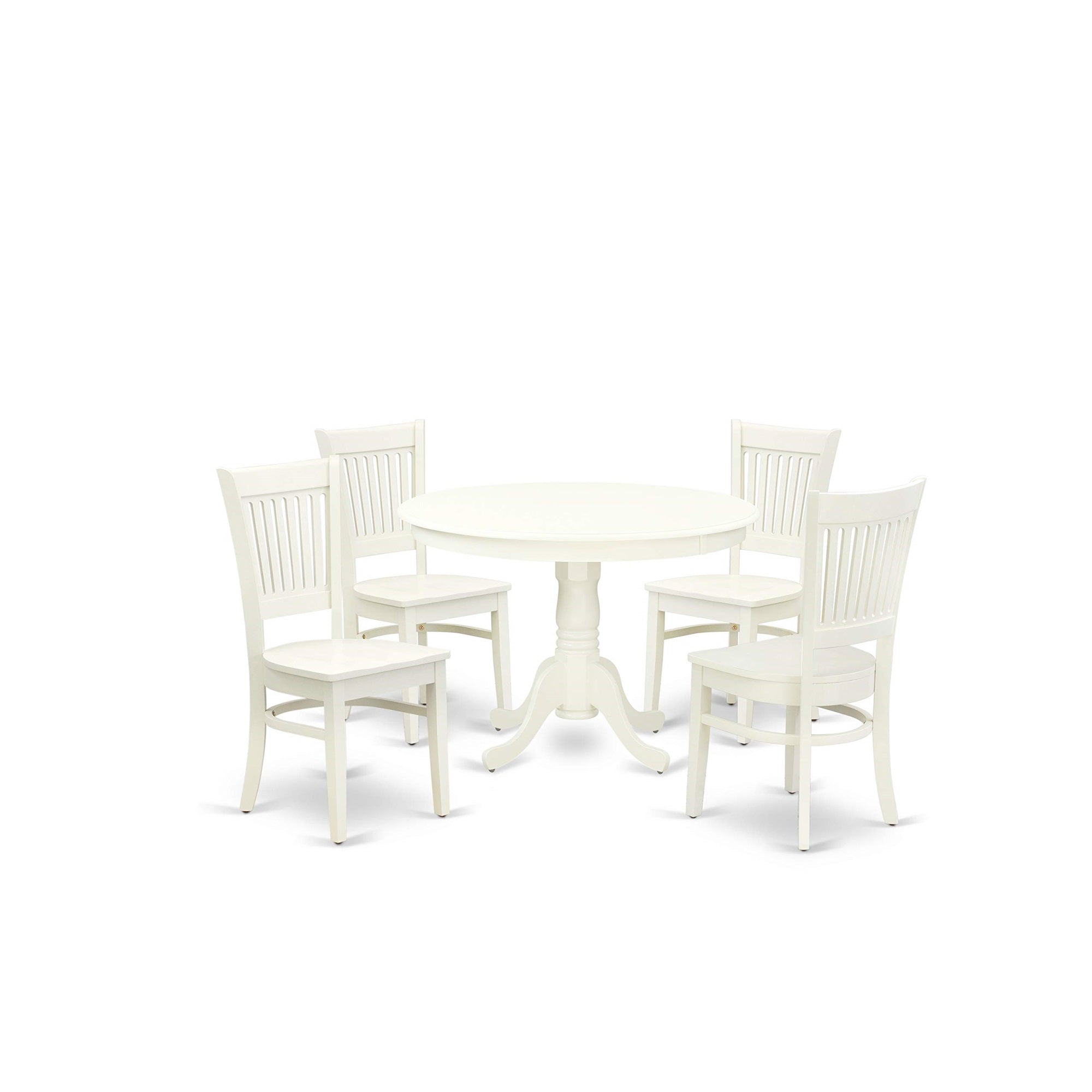 Ergode Hlva5-Lwh-W, 5-Pc Kitchen Dining Set, Round Table With Pedestal, 4 Dining Chairs, Asian Solid Wood, Linen White, 42X42 Inch