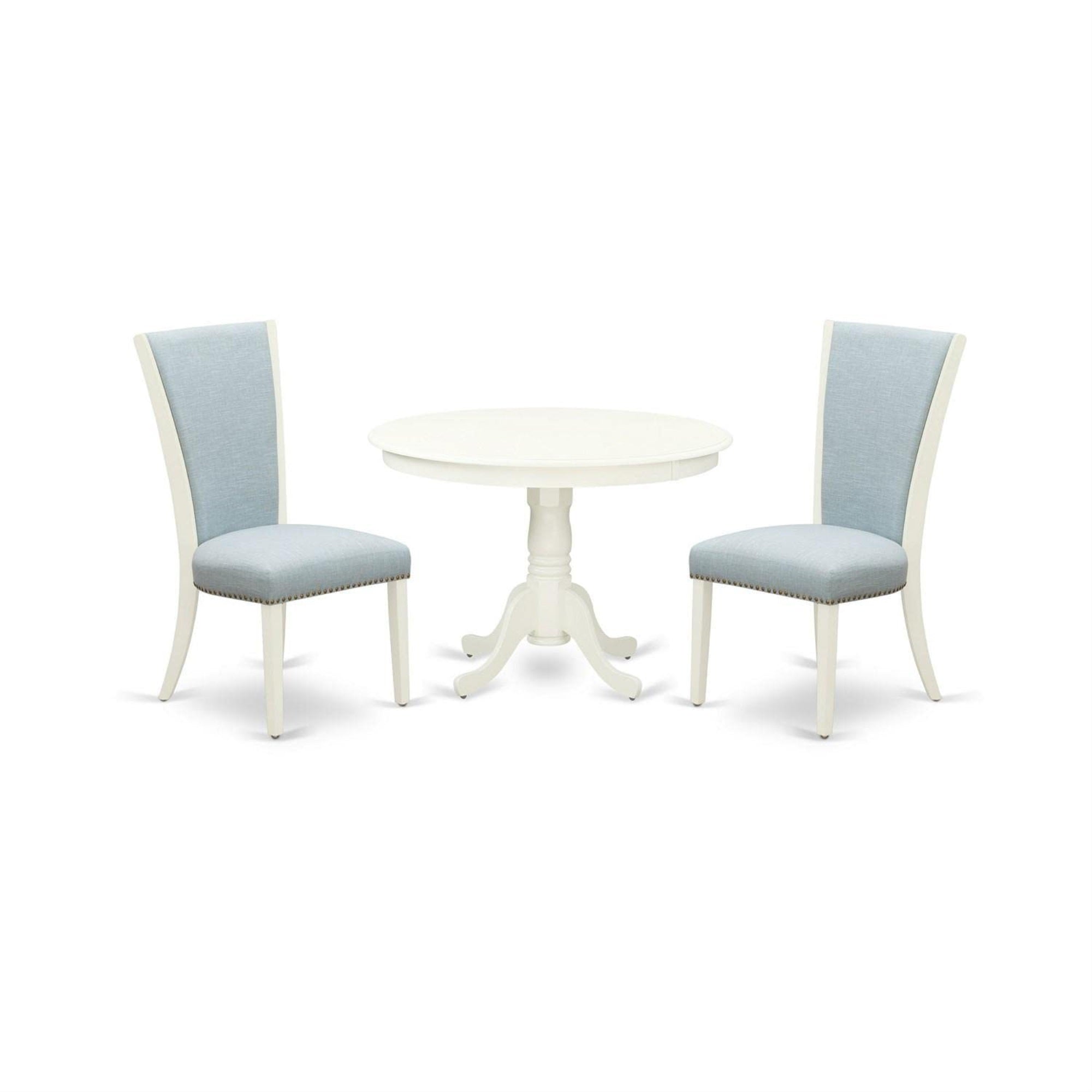 Casafoyer Hartland 3 Piece Kitchen Set Contains A Round Dining Room Table With Pedestal And 2 Baby Blue Fabric Parson Chairs, 42X42 Inch, Linen White