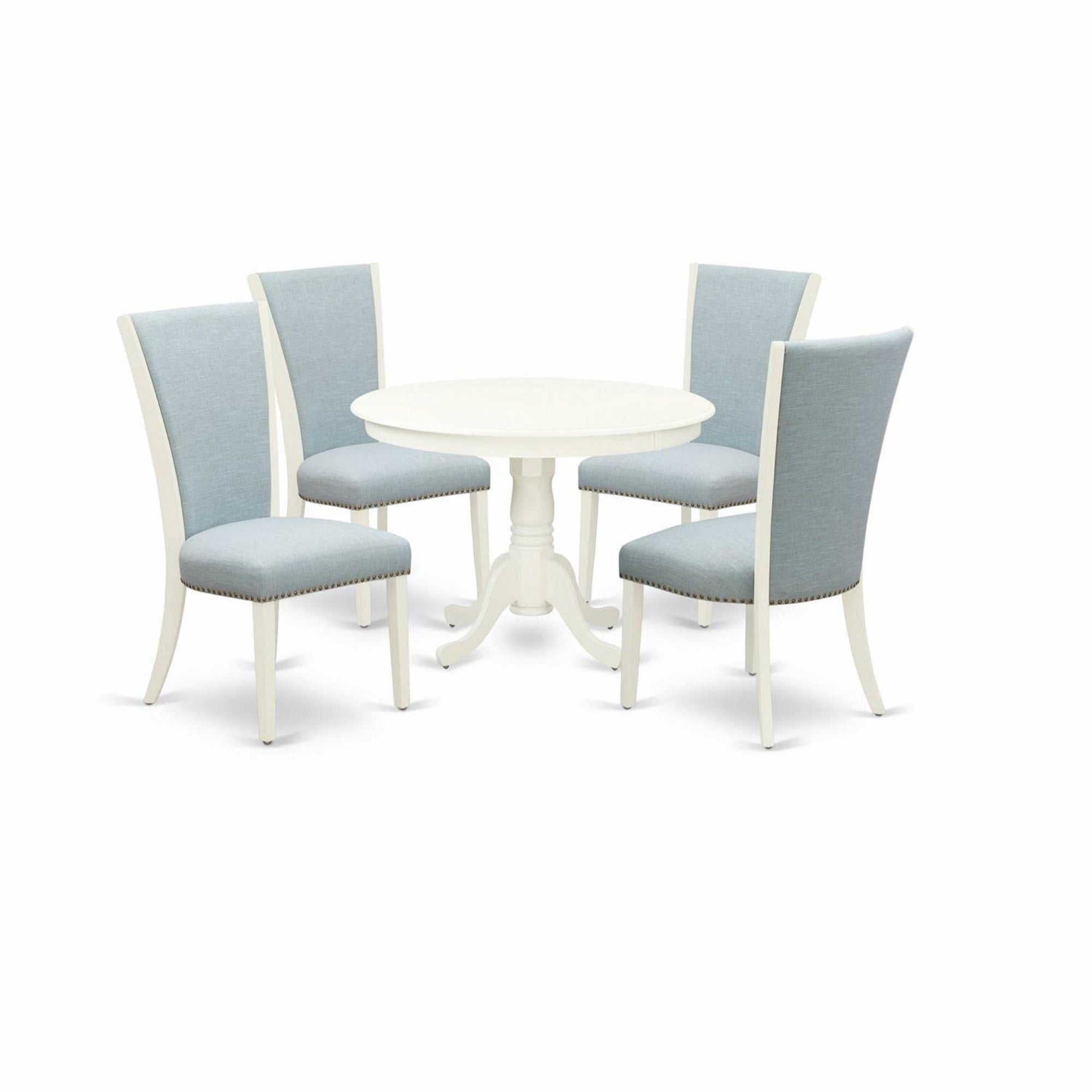 Casafoyer Hlve5-Lwh-15 5 Piece Dining Set Includes A Round Dining Room Table With Pedestal And 4 Baby Blue Linen Fabric Upholstered Chairs, 42X42 Inch, Linen White