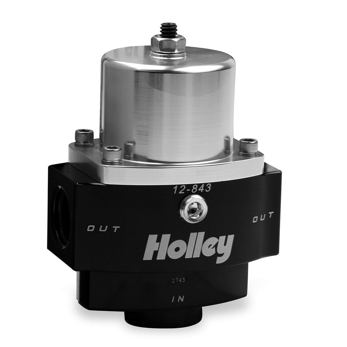 Holley 12-843 10An Inlet / 2 X 8An Outlet 4.5-9 Psi Adjustable Billet Fuel Pressure Regulator, Black Anodized