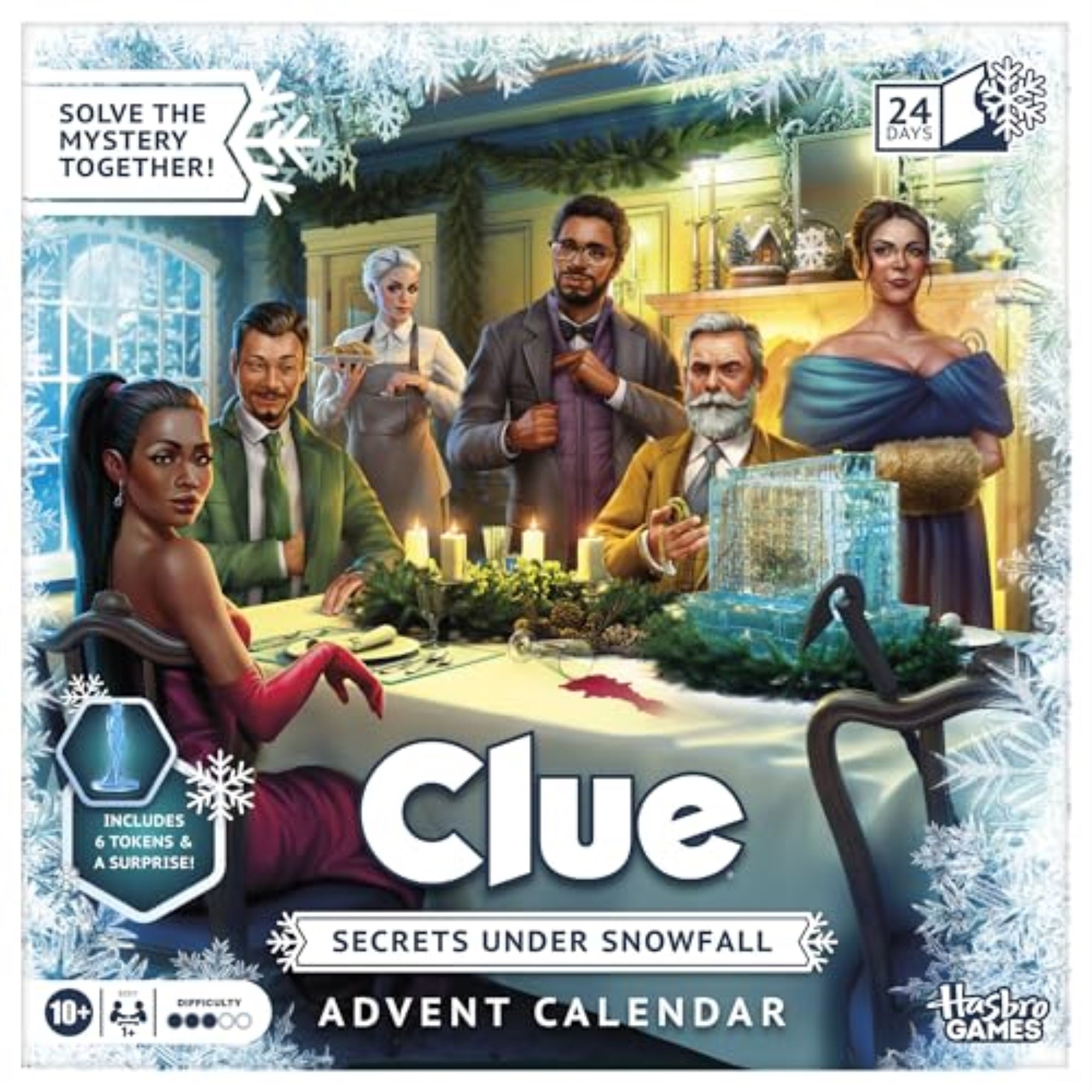 Clue Advent Calendar: Secrets Under Snowfall | 24 Days | Family Mystery Games | with 6 Winter-Themed Tokens and Surprise | Ages 10+ | 1+ Players