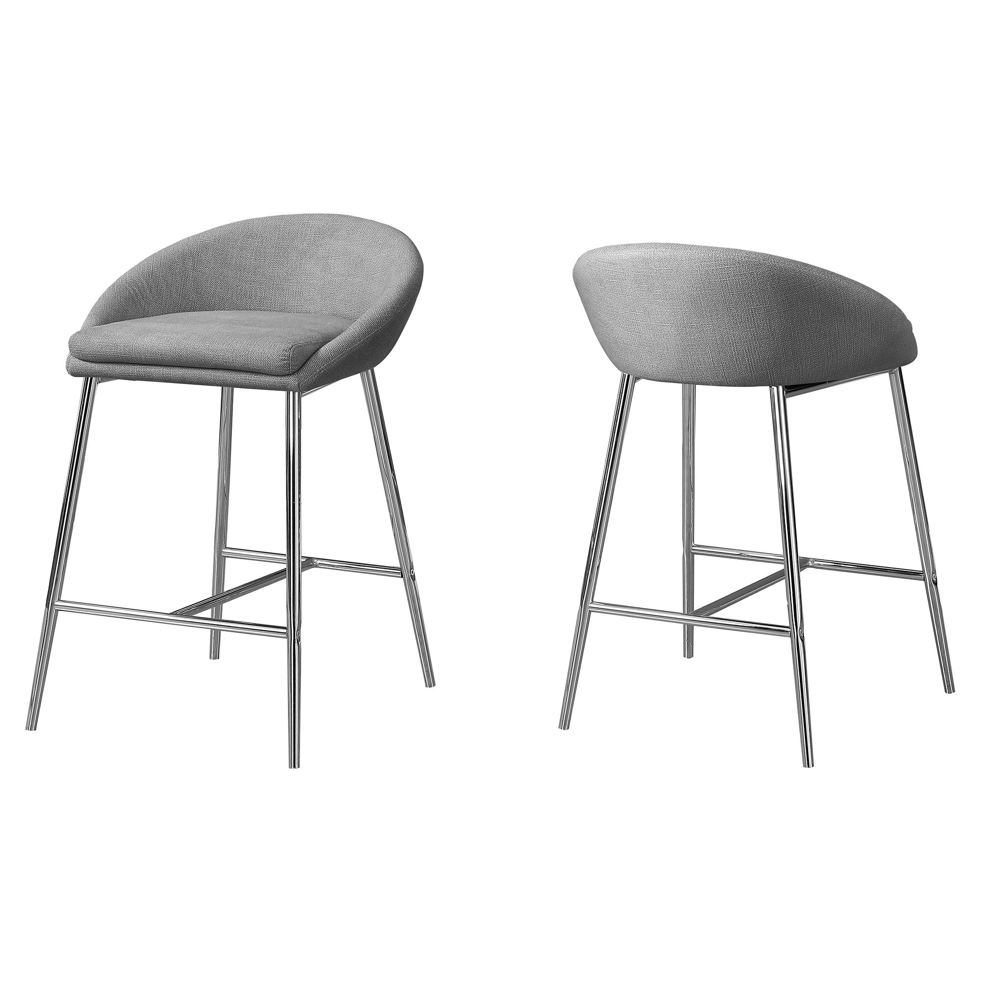 Bar Stool, Set Of 2, Counter Height, Kitchen, Metal, Fabric, Grey, Chrome, Contemporary, Modern