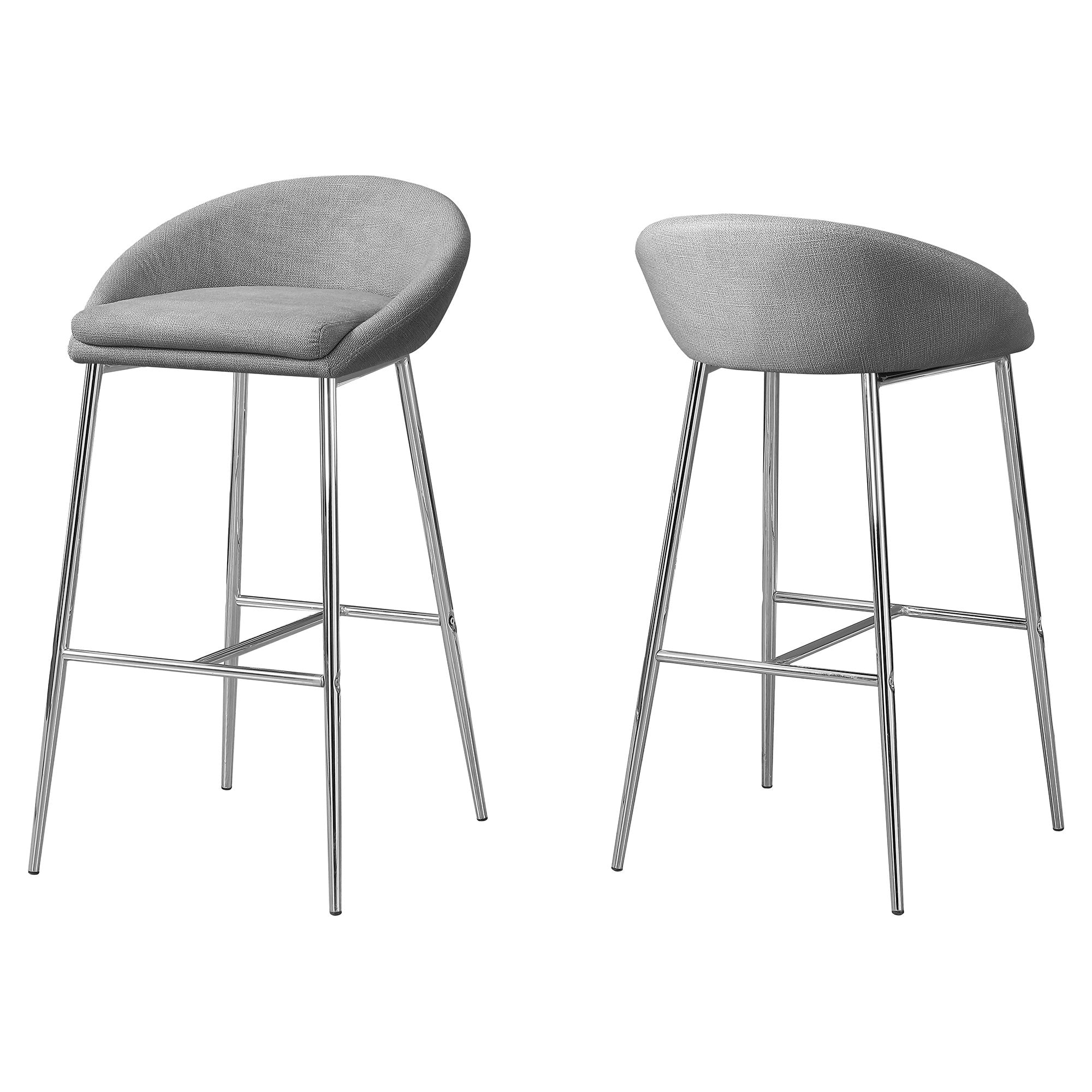Bar Stool, Set Of 2, Bar Height, Metal, Fabric, Grey, Chrome, Contemporary, Modern