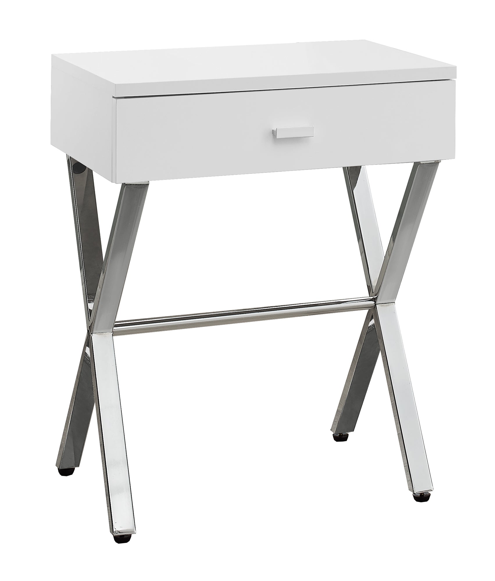 Accent Table, Side, End, Nightstand, Lamp, Storage Drawer, Living Room, Bedroom, Metal, Laminate, Glossy White, Chrome, Contemporary, Modern