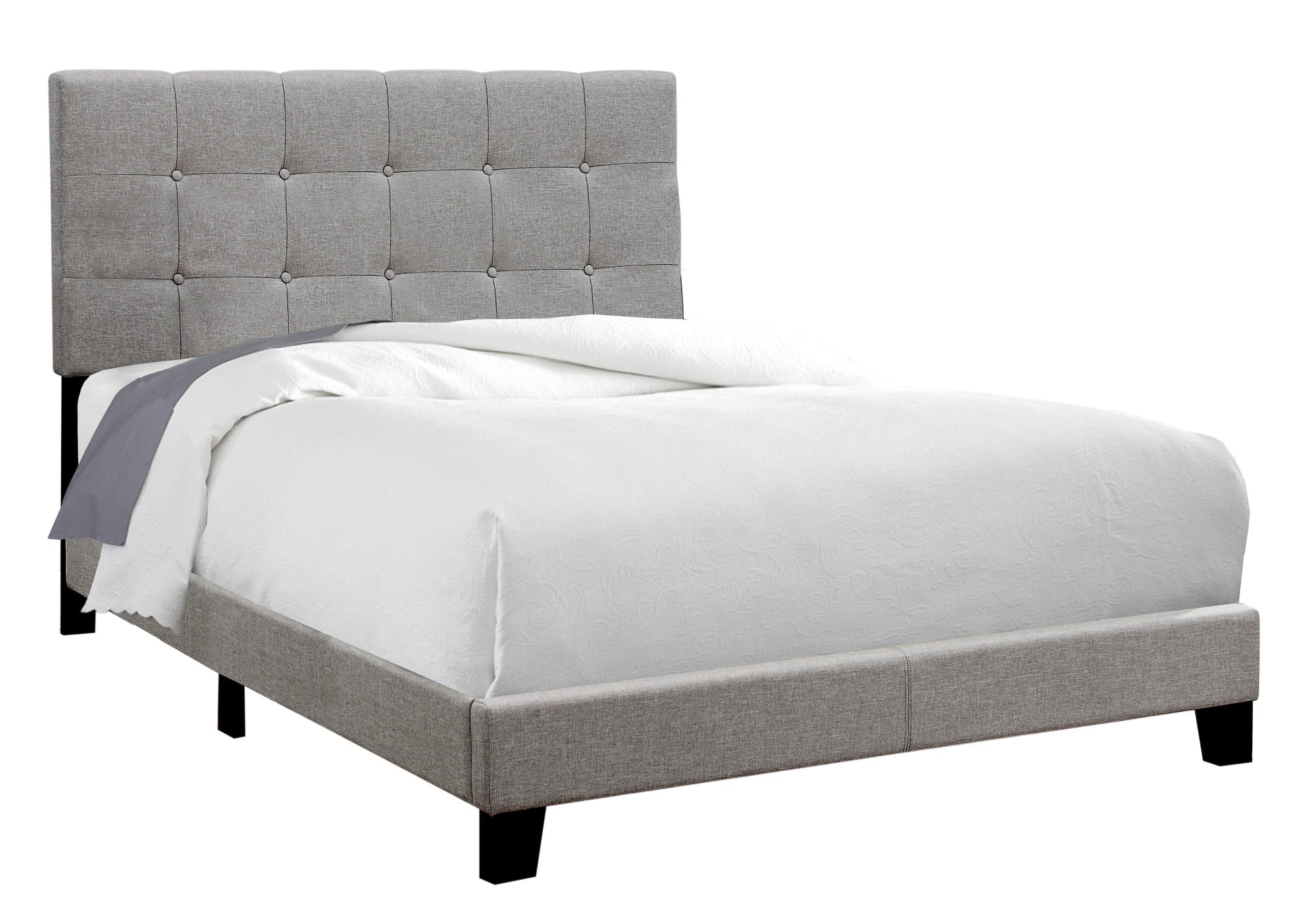 Bed, Full Size, Platform, Bedroom, Frame, Upholstered, Linen Look, Wood Legs, Grey, Transitional
