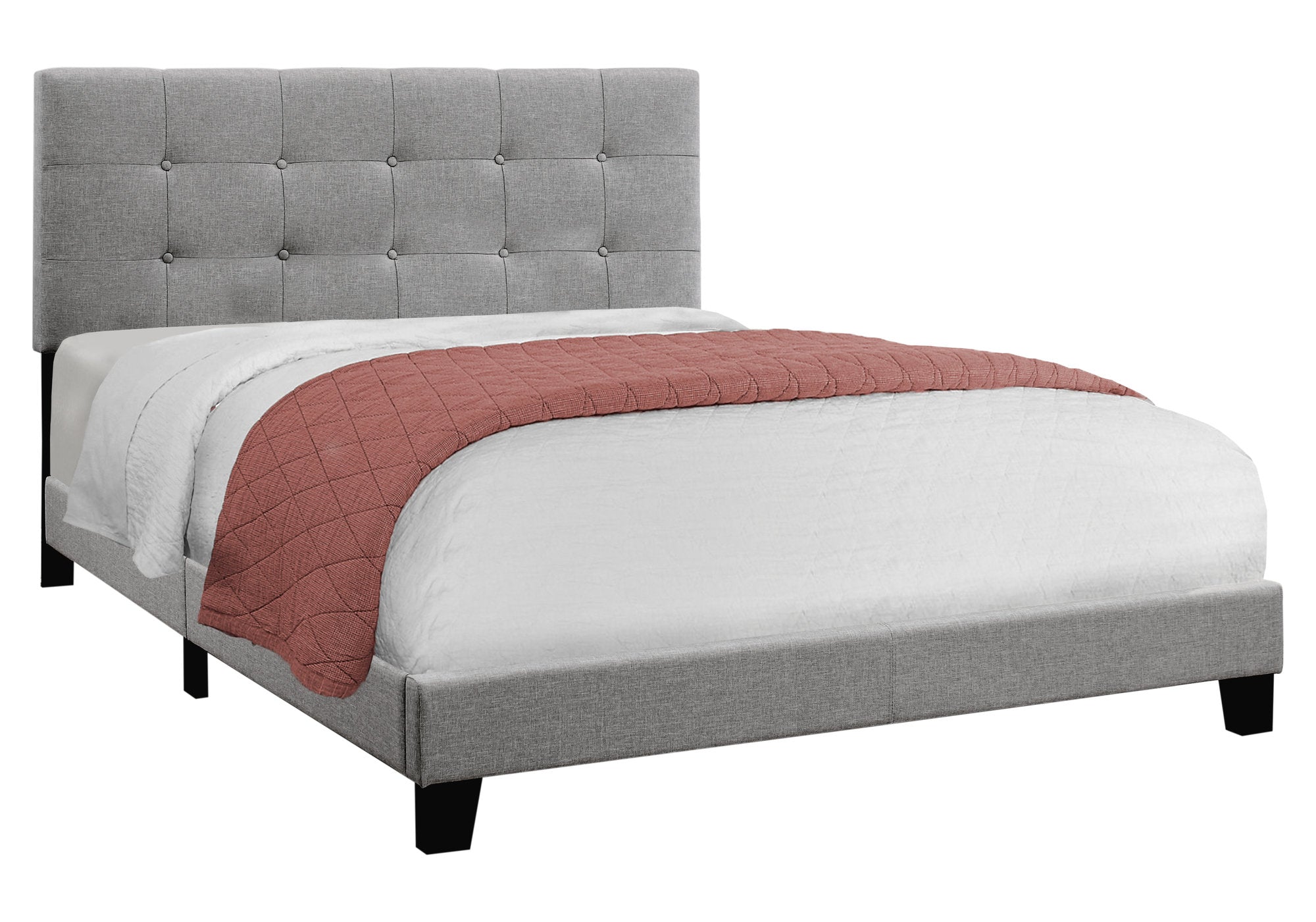 Bed, Queen Size, Platform, Bedroom, Frame, Upholstered, Linen Look, Wood Legs, Grey, Transitional