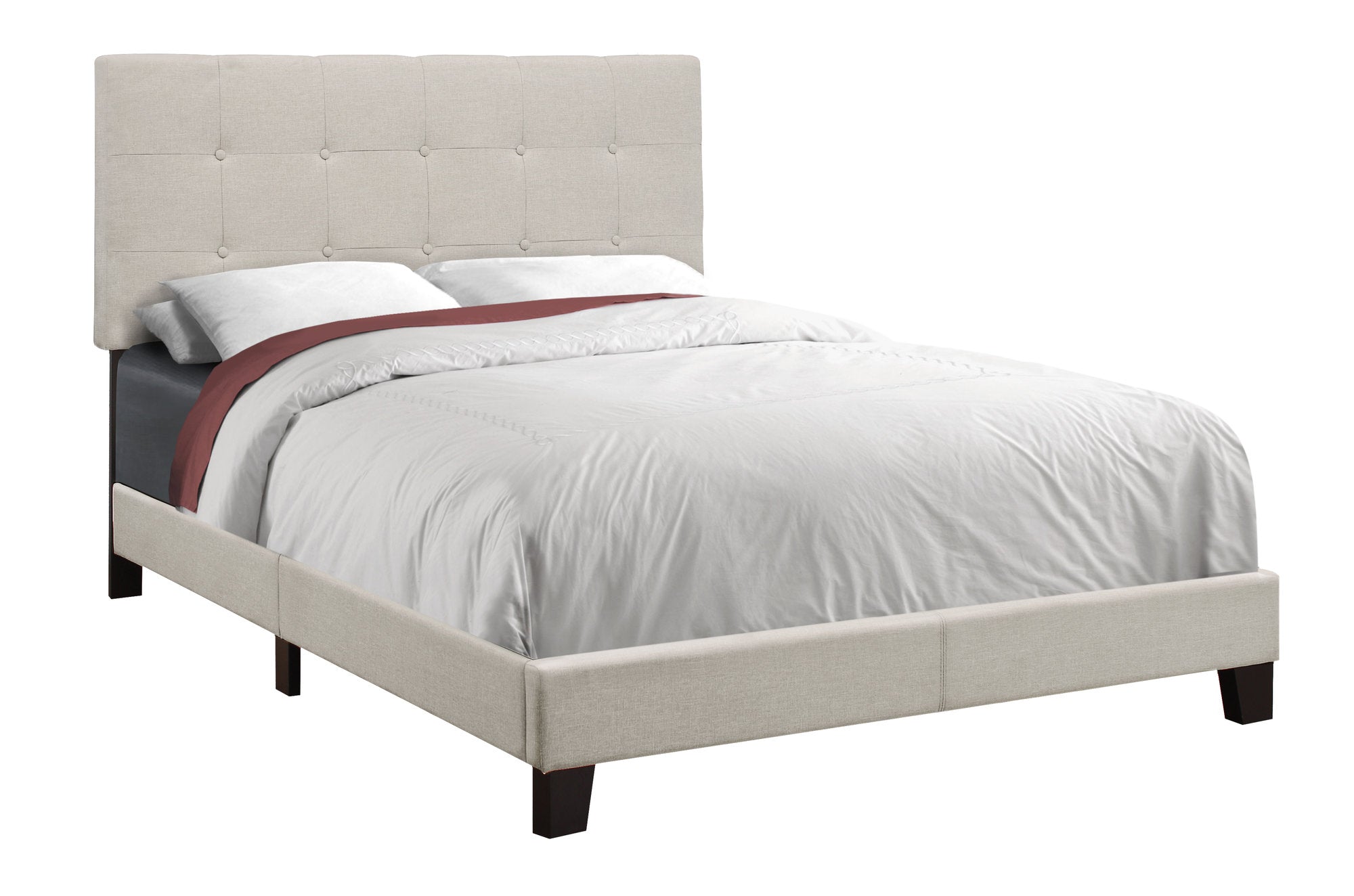 Bed, Full Size, Platform, Bedroom, Frame, Upholstered, Linen Look, Wood Legs, Beige, Black, Transitional