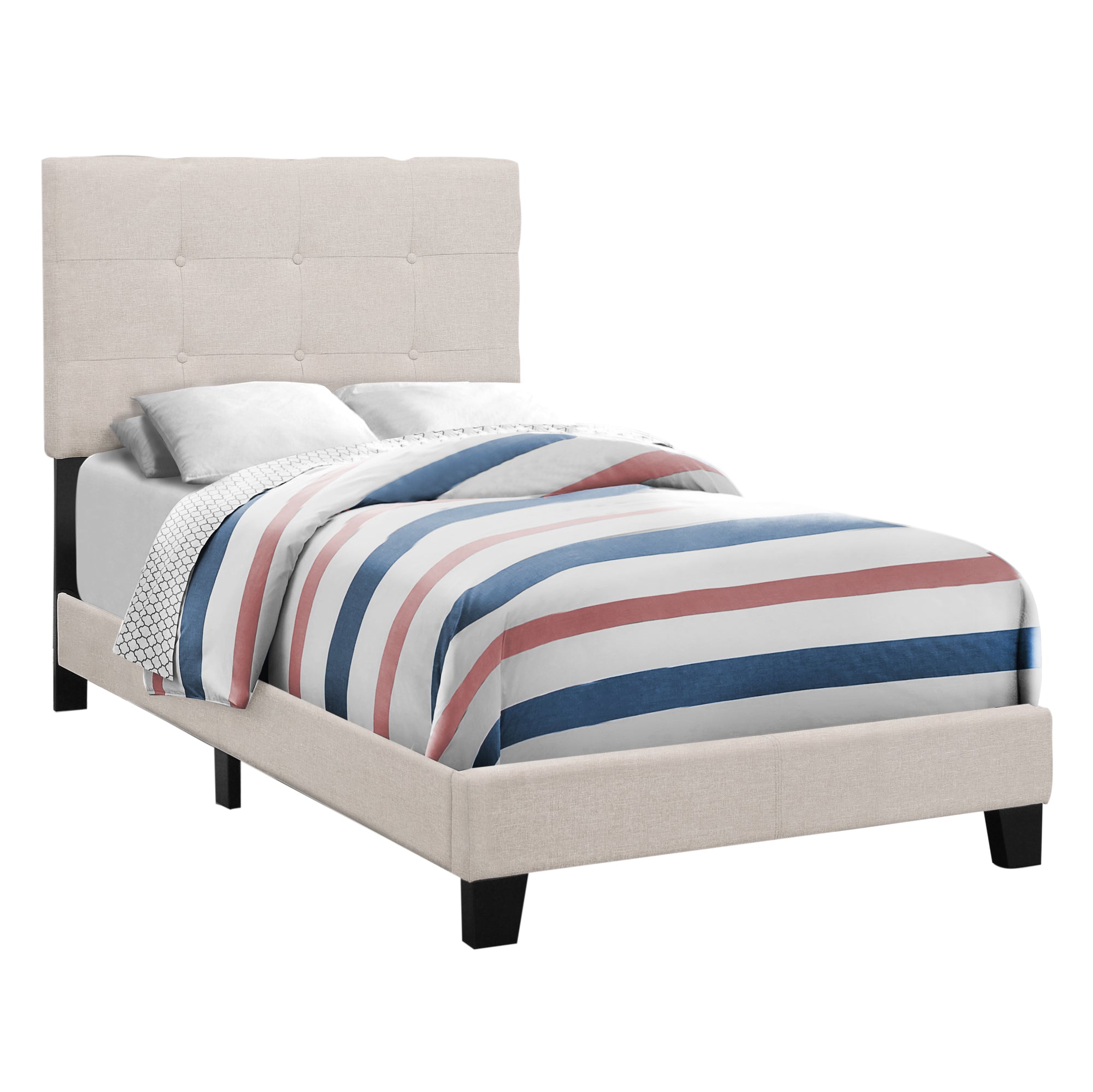 Bed, Twin Size, Platform, Teen, Frame, Upholstered, Linen Look, Wood Legs, Beige, Black, Transitional