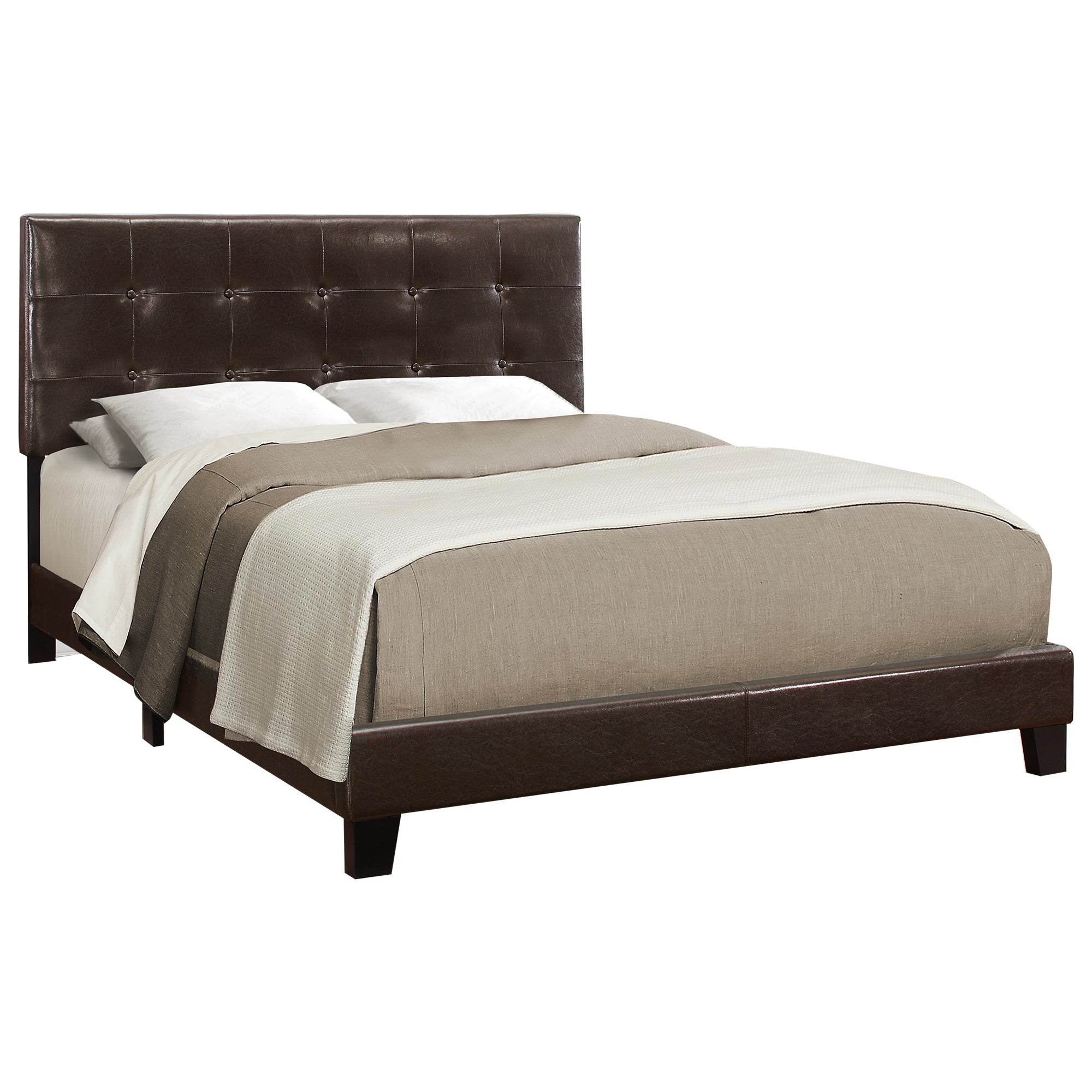 Bed, Queen Size, Platform, Bedroom, Frame, Upholstered, Pu Leather Look, Wood Legs, Brown, Transitional