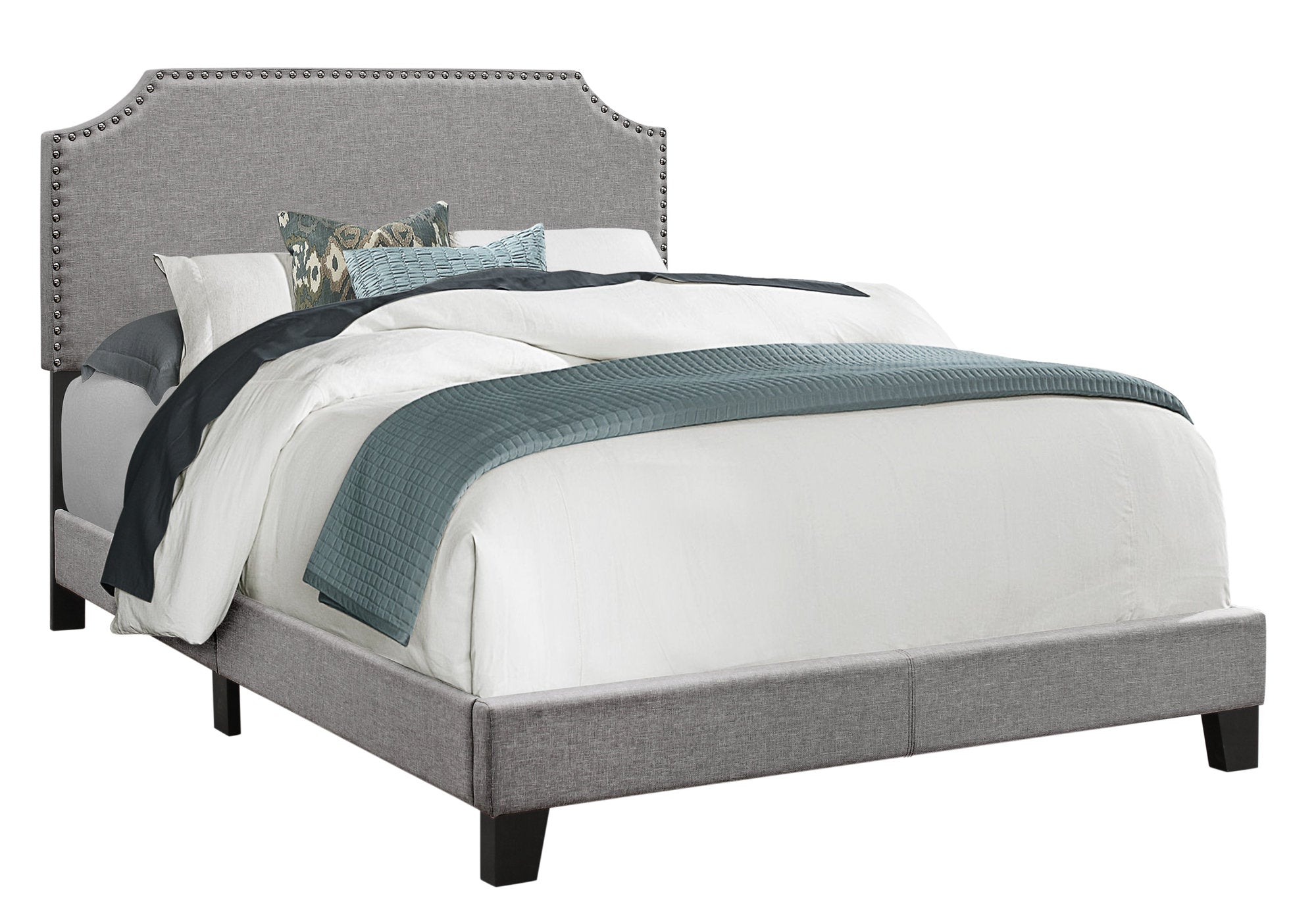 Bed, Full Size, Platform, Bedroom, Frame, Upholstered, Linen Look, Wood Legs, Grey, Chrome, Transitional