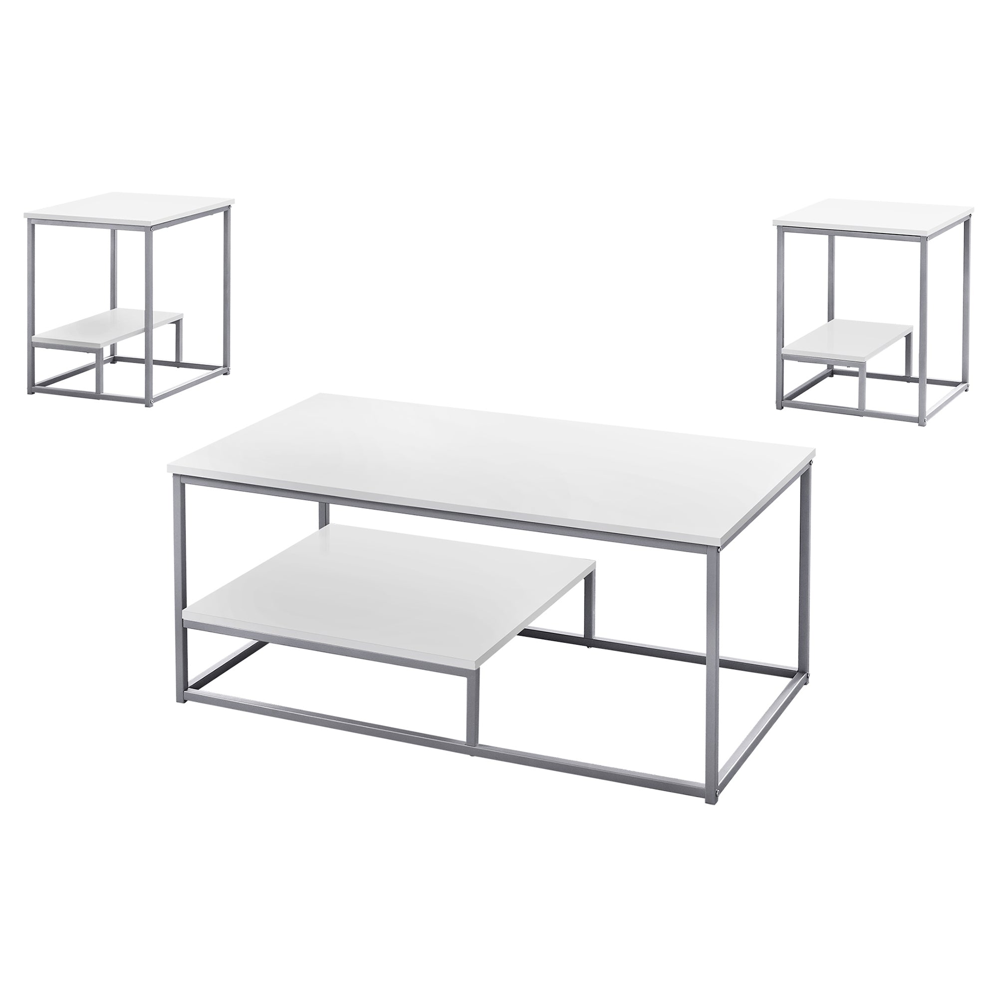 Table Set, 3Pcs Set, Coffee, End, Side, Accent, Living Room, Metal, Laminate, White, Grey, Contemporary, Modern