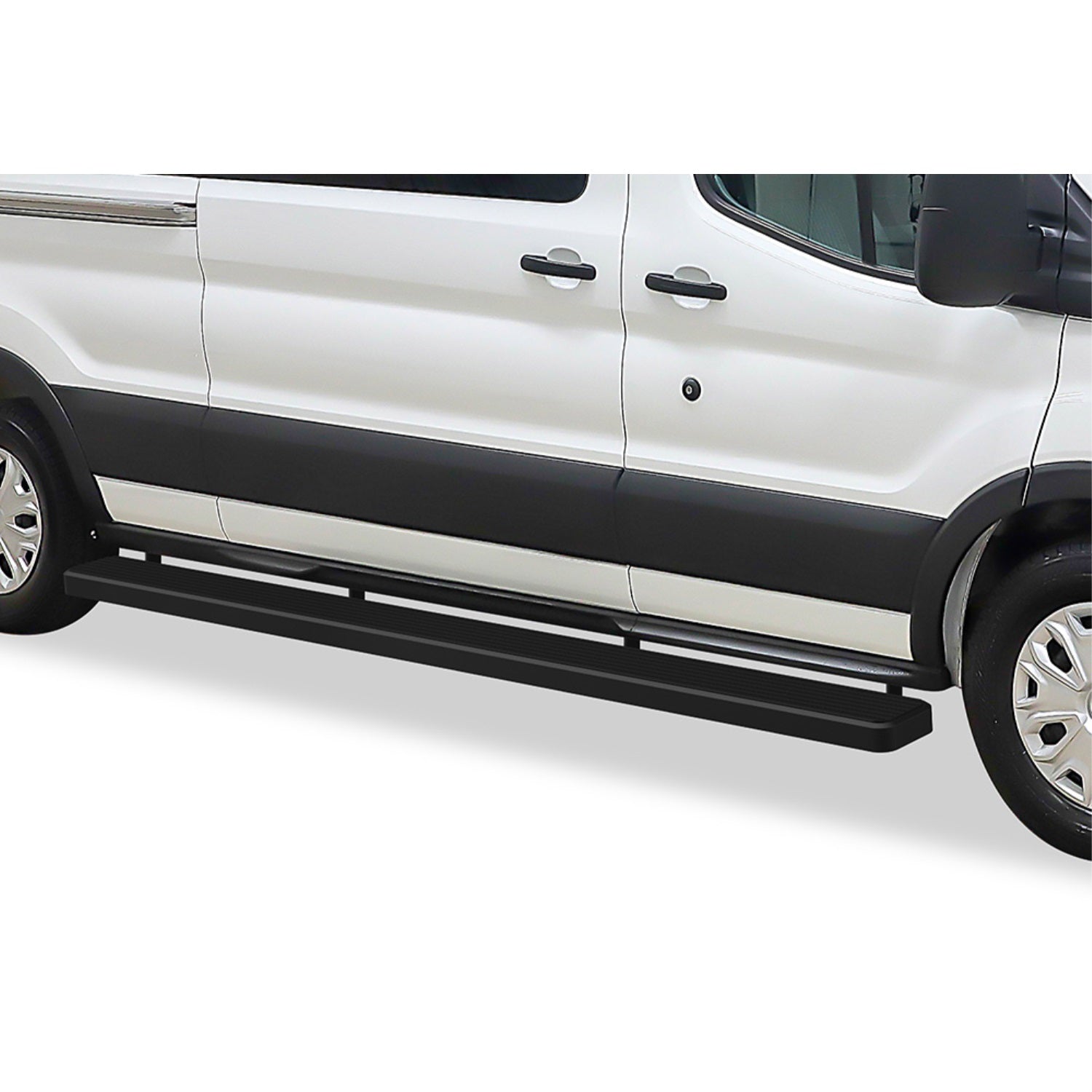 2015-2021 Ford Transit Van (Full Size) For 3 Door Model Only Stainless Steel With 6061 Aluminum Step Pad Black Finish 6-Inch Van Door To Door Side Step Istep 6 Inch Van Ss