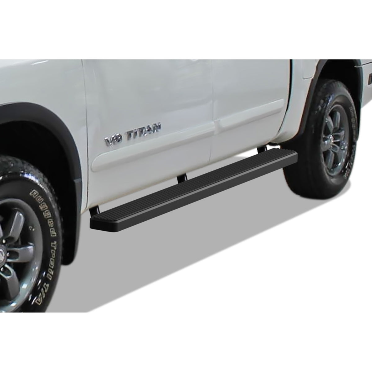 2004-2022 Nissan Titan Crew Cab (Exl. 2016 Models)\ 2016-2022 Nissan Titan Xd Crew Cab Stainless Steel With 6061 Aluminum Step Pad Black Finish 5-Inch Door To Door Side Step Istep 5 Inch Ss