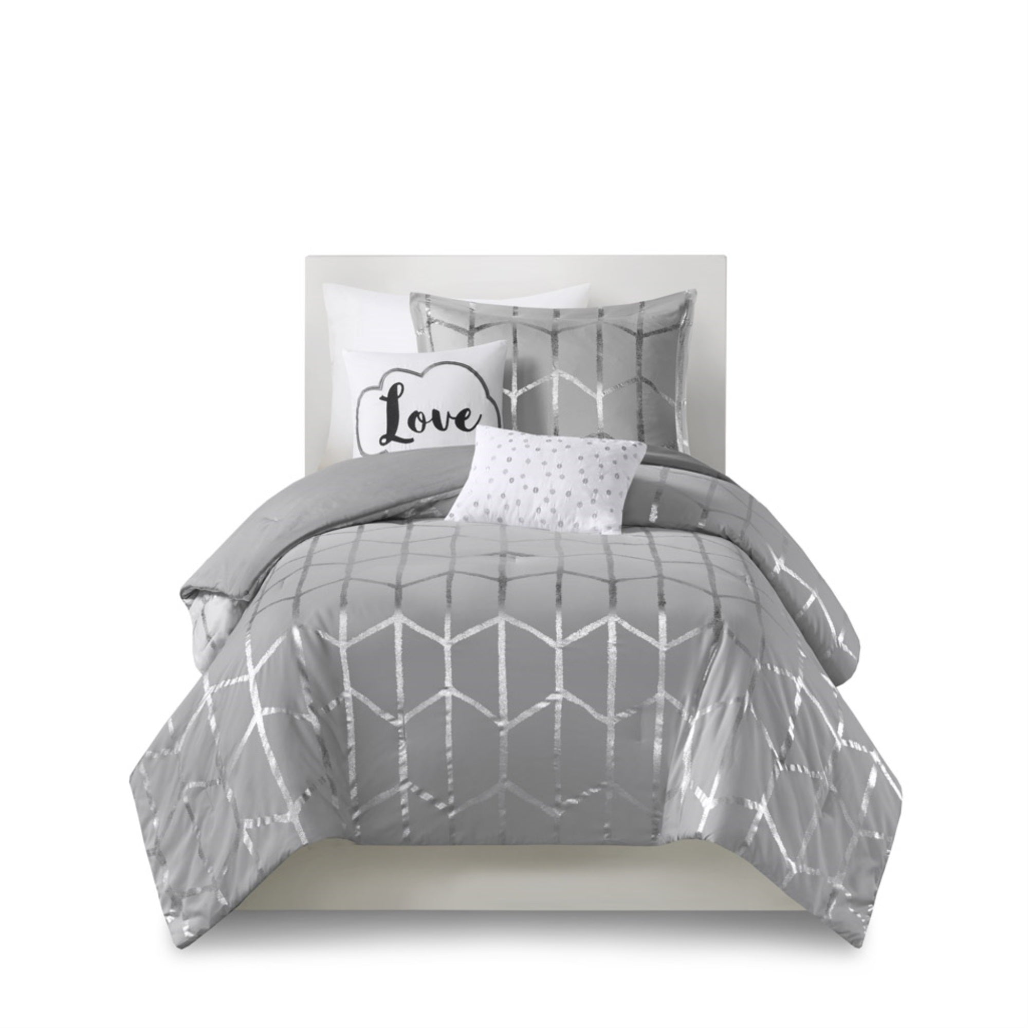 Ergode Comforter Set - Geometric Pattern in Metallic Silver - Soft Grey Backdrop - Includes Shams and Decorative Pillows - Ultra-Soft Microfiber -  Treatment - Wrinkle-Free Packaging