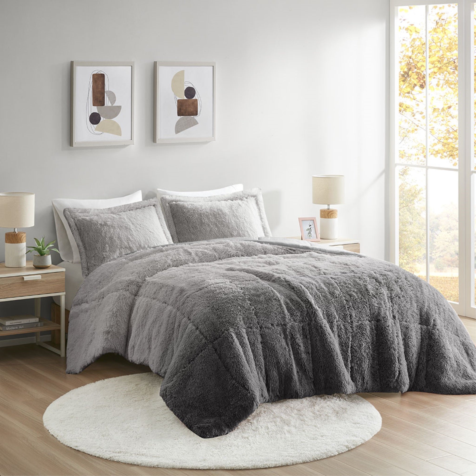 Brielle Ombre Shaggy Long Fur Comforter Mini Set in Grey - 100% Polyester Shaggy Fur and Solid Plush, Jump Tack Quilting, Includes Sham with 3″ Overlap - Cozy & Stylish Bedding Set