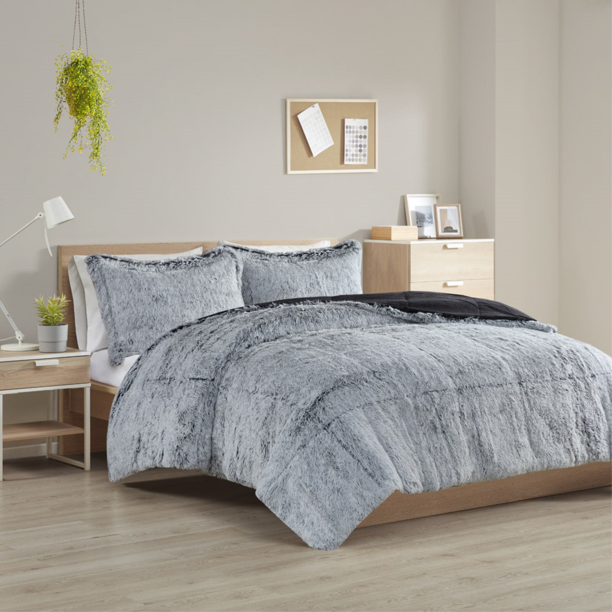 Malea Shaggy Long Fur Comforter Mini Set - Black/White, 100% Polyester, Plush Reverse, End-to-End Box Quilting, Soft & Cozy Shams - Luxurious Bedding for Ultimate Comfort.