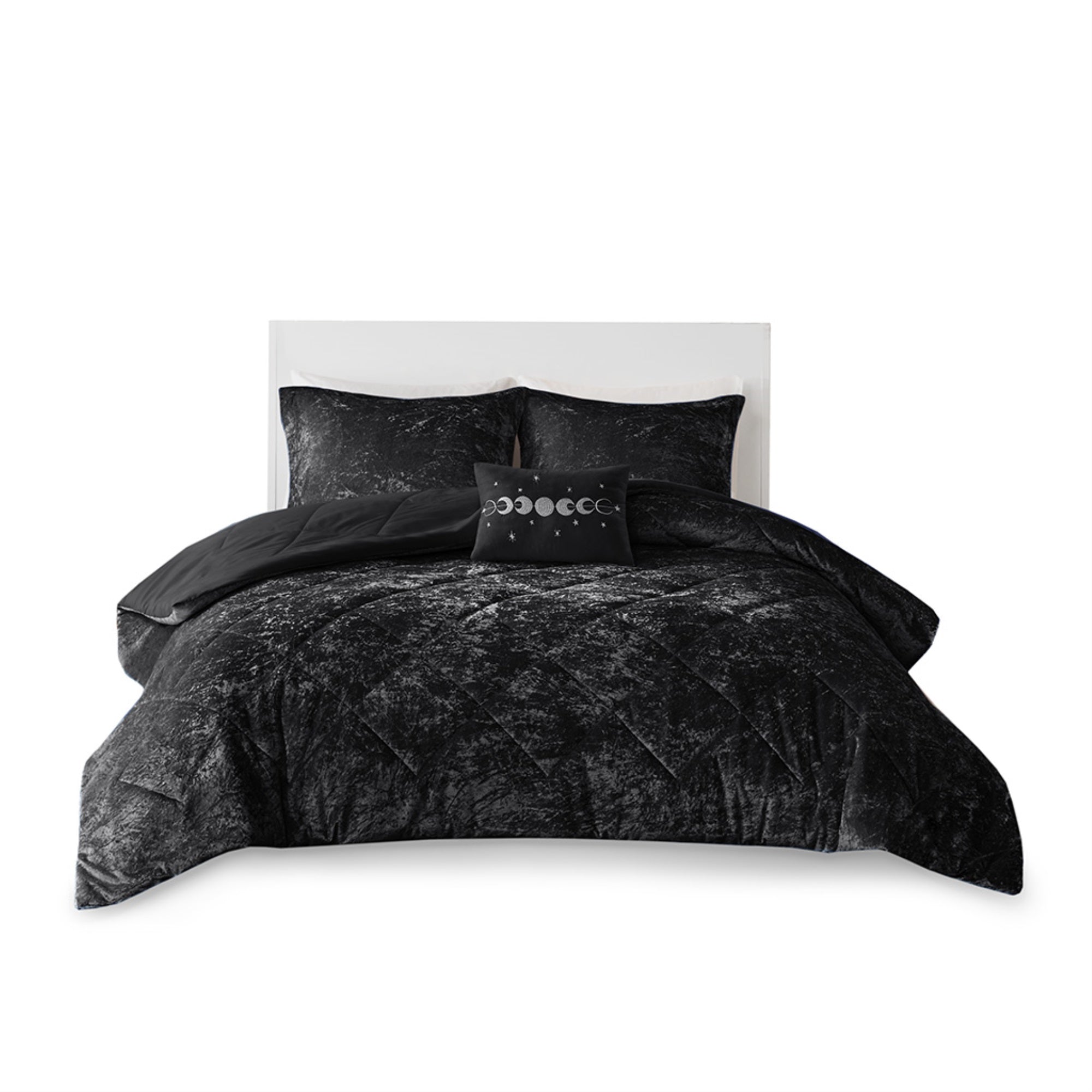 Felicia Black Velvet Duvet Cover Set - 100% Polyester Crushed Velvet with Diamond Quilted Top, Microfiber Reverse, Pillow with Embroidery & Poly Fill - Elegant & Luxurious Bedding