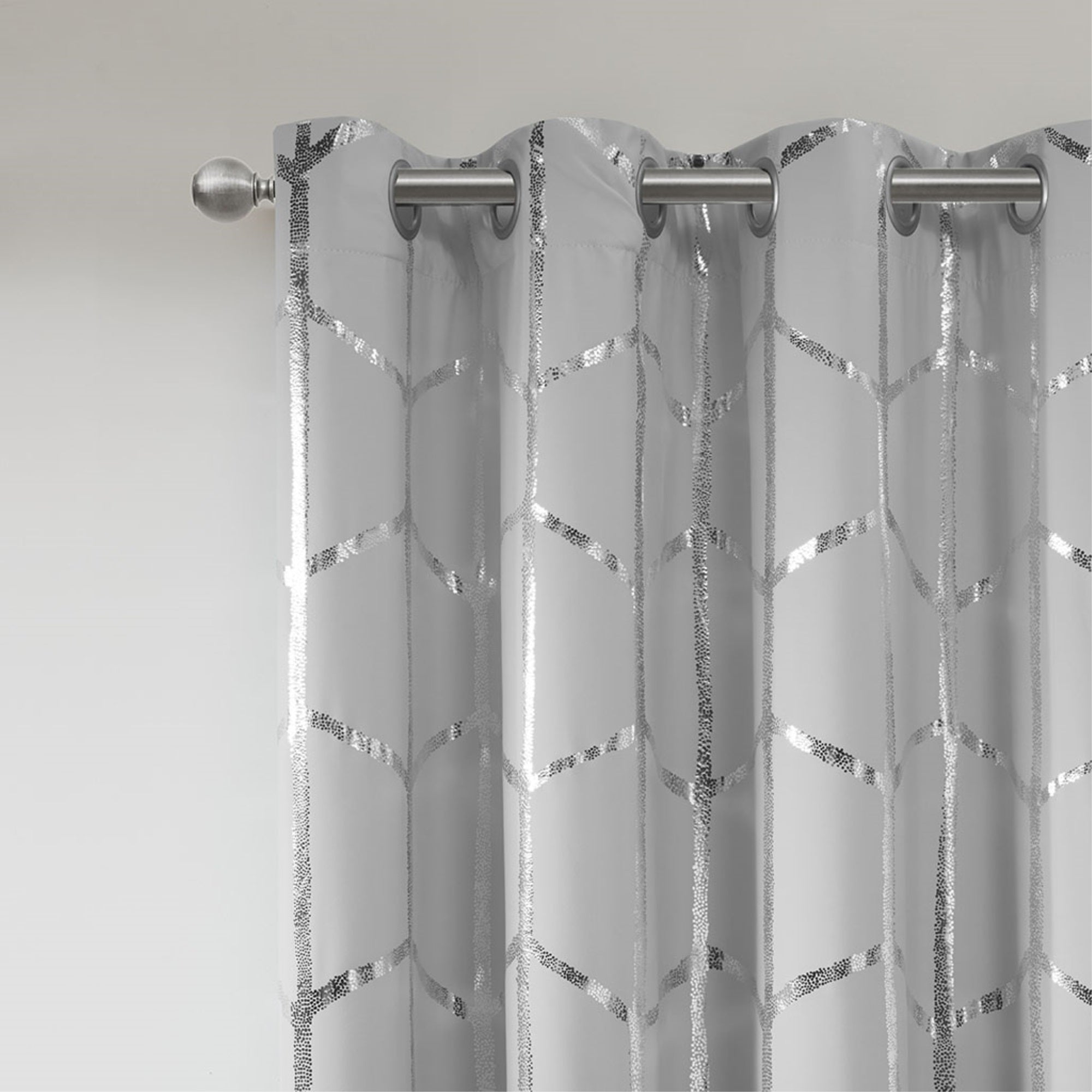 Ergode Window Panel - Metallic Silver Print, Geometric Pattern, Blackout, Energy Efficient, Grommet Top, Machine Washable, Coordinating Bedding and Shower Curtain.