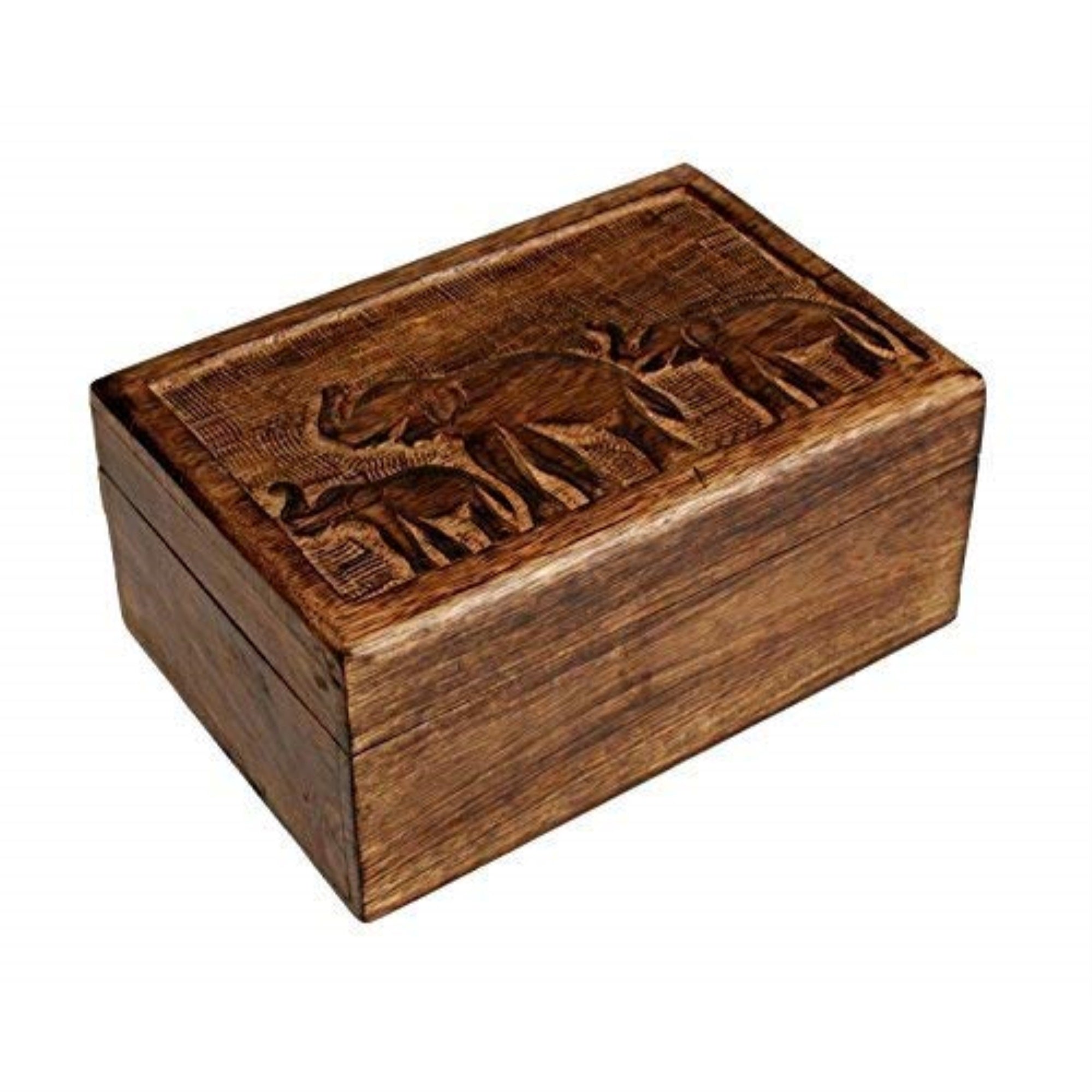 Christmas Thanksgiving Gifts Country Style Wooden Keepsake Trinket Jewelry Box Organizer Multipurpose with Hand Carved Elephant Motifs