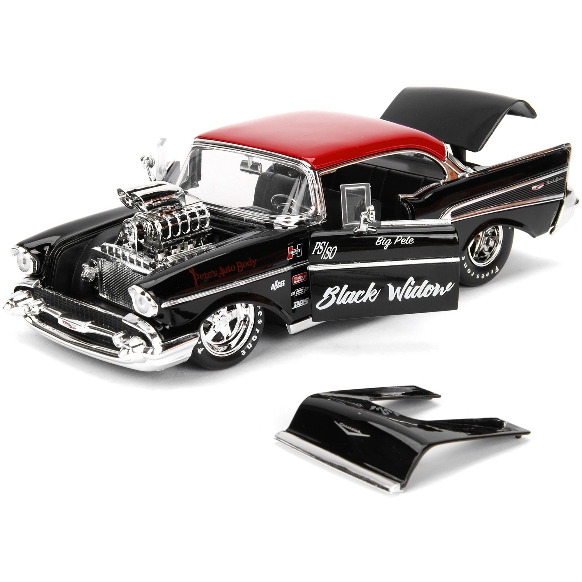 1957 Chevrolet Bel Air Black with Red Top “Pete's Auto Body: Black Widow” “Bigtime Muscle” Series 1/24 Diecast Model Car by Jada