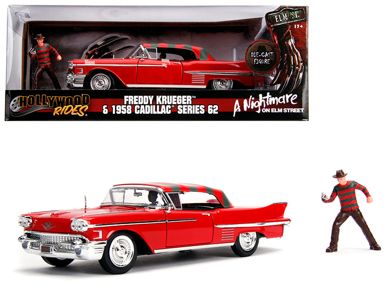 1958 Cadillac Series 62 Red With Freddy Krueger Diecast Figurine 'A Nightmare On Elm Street' Movie 1/24 Diecast Model Car By Jada