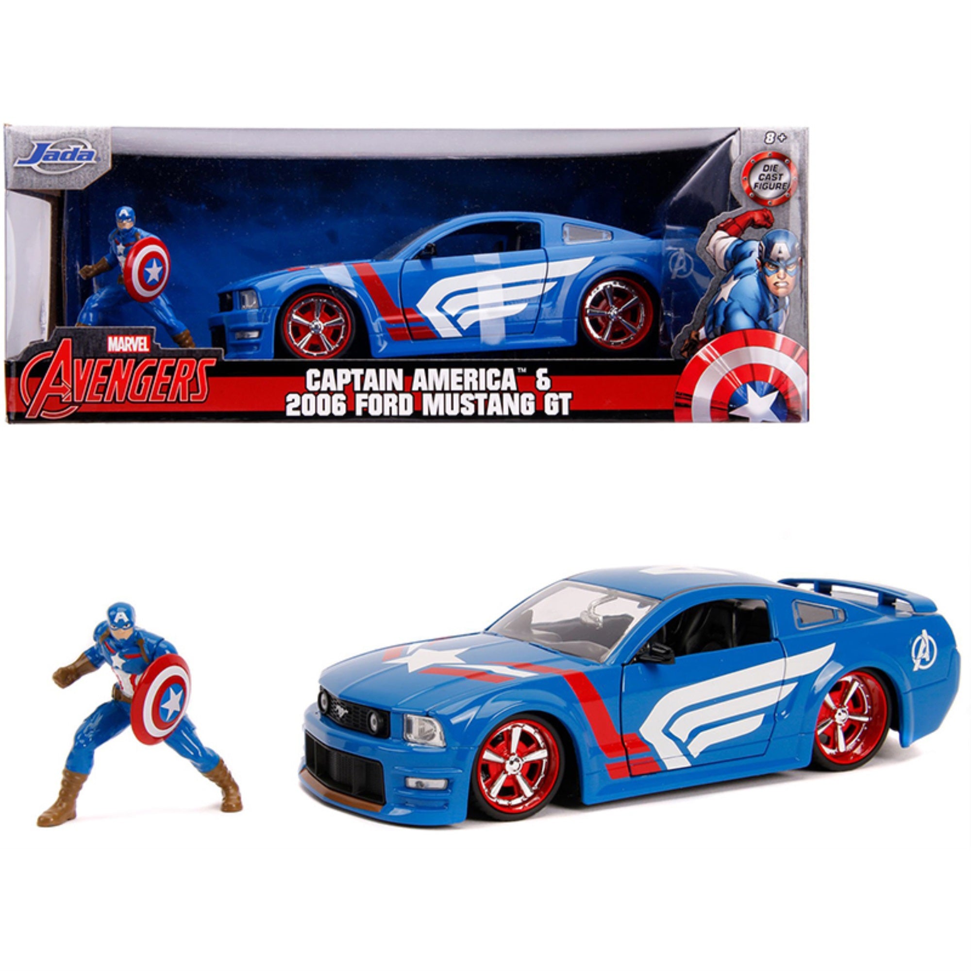 2006 Ford Mustang Gt With Captain America Diecast Figurine \Avengers\ \'Marvel\' Series 1/24 Diecast Model Car By Jada'''