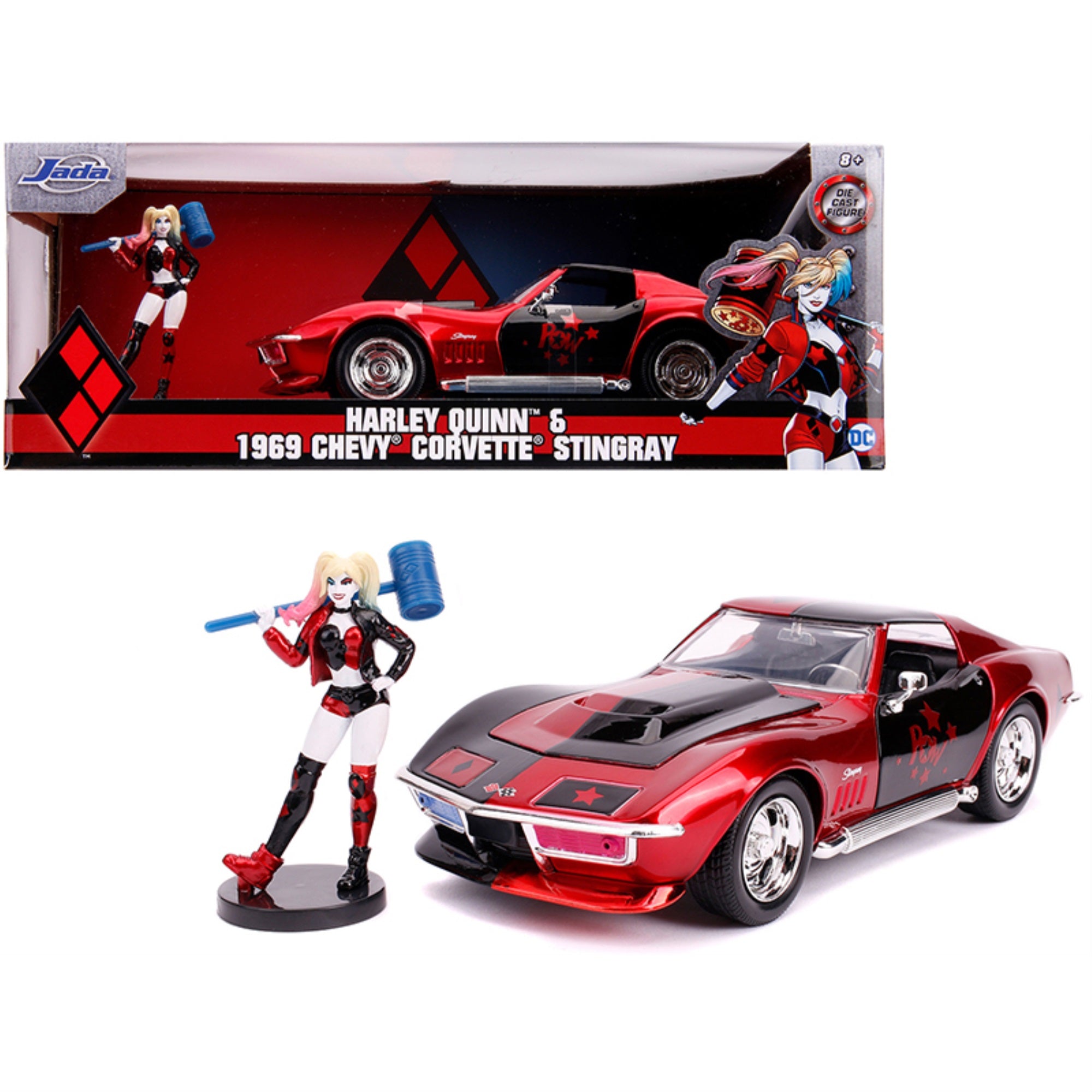 1969 Chevrolet Corvette Stingray With Harley Quinn Diecast Figurine 'Dc Comics' Series 1/24 Diecast Model Car By Jada