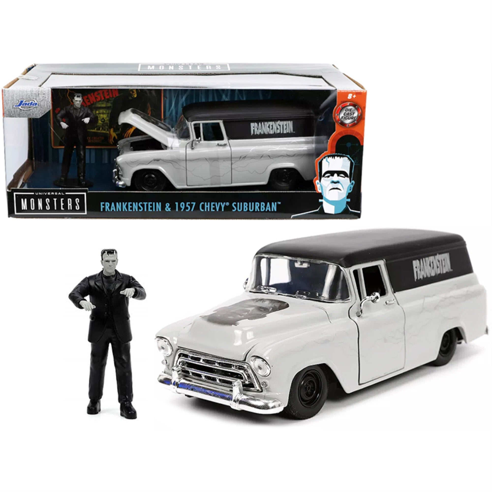 1957 Chevrolet Suburban Gray And Black With Graphics And Frankenstein Diecast Figurine 'Universal Monsters' 'Hollywood Rides' Series 1/24 Diecast Model Car By Jada