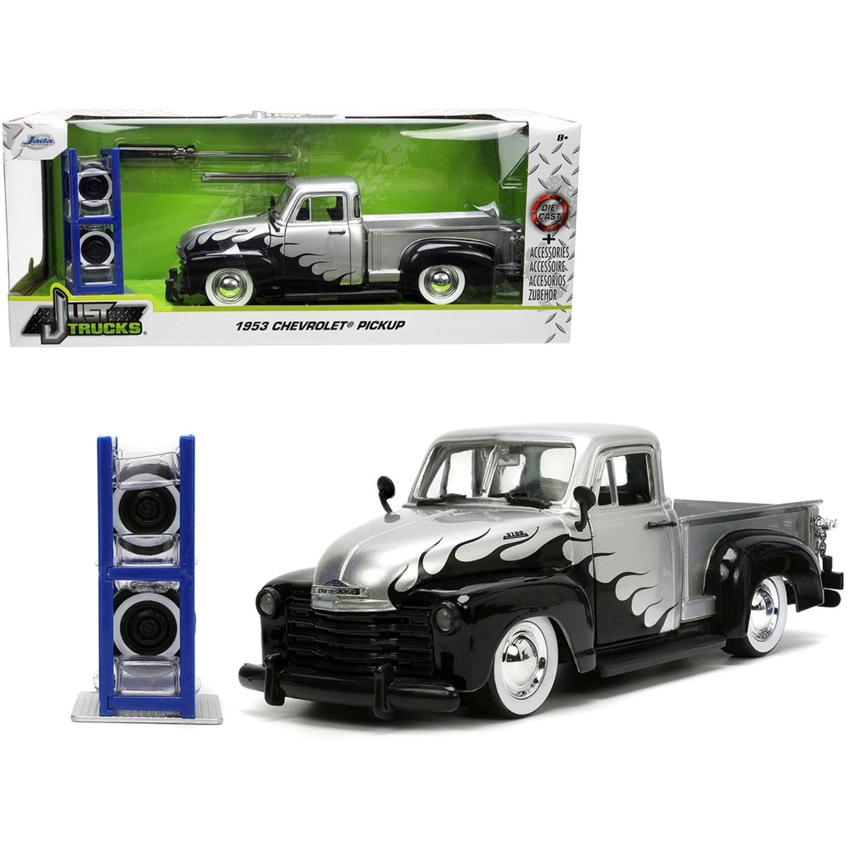 1953 Chevrolet 3100 Pickup Truck Silver Metallic With Black Flames With Extra Wheels 'Just Trucks' Series 1/24 Diecast Model Car By Jada