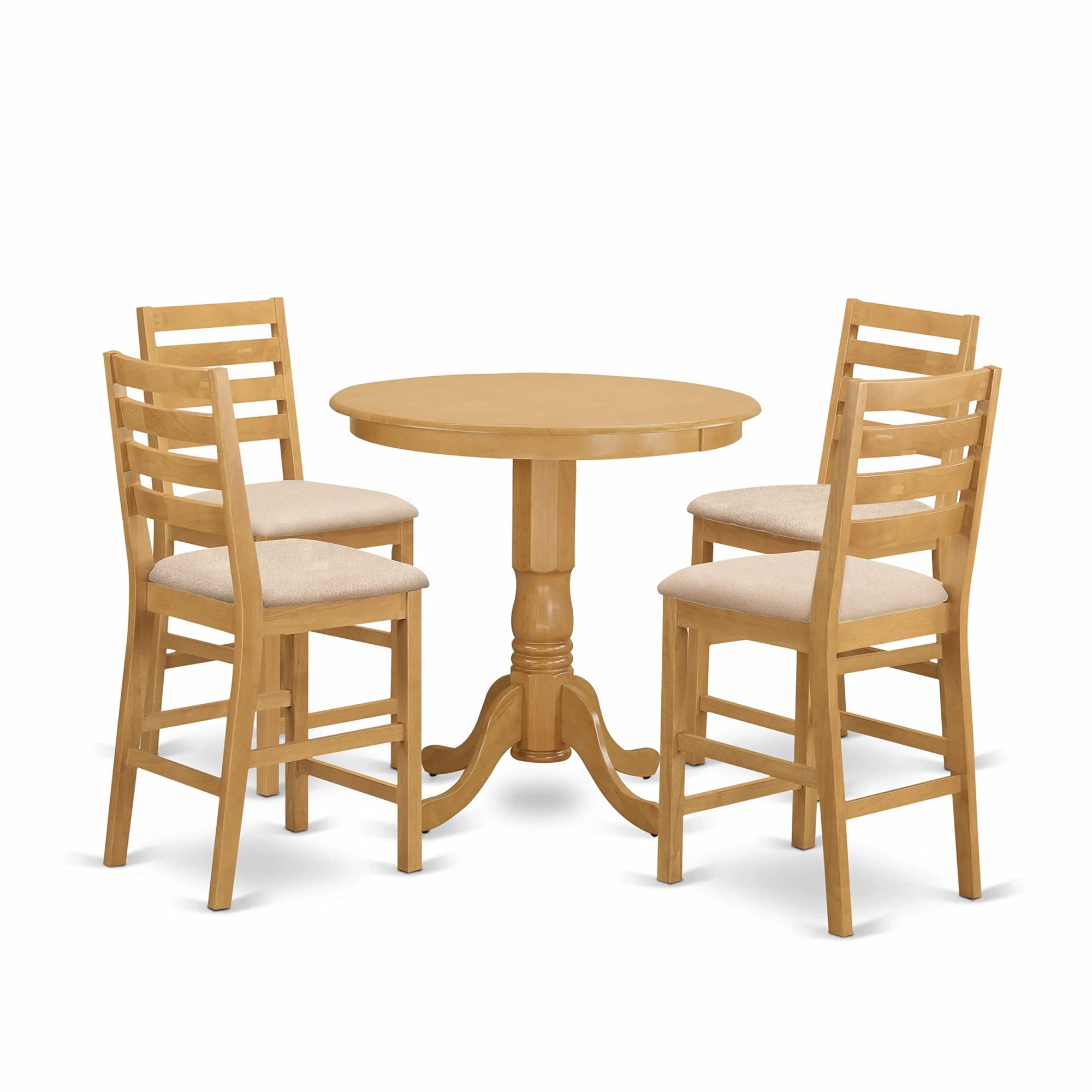 Ergode Jacf5-Oak-C, 5 Piece Dining Room Set, Round Table With Pedestal Leg, 4 Linen Fabric Chairs, Asian Wood Frame, Oak Color, 36X36 Inch