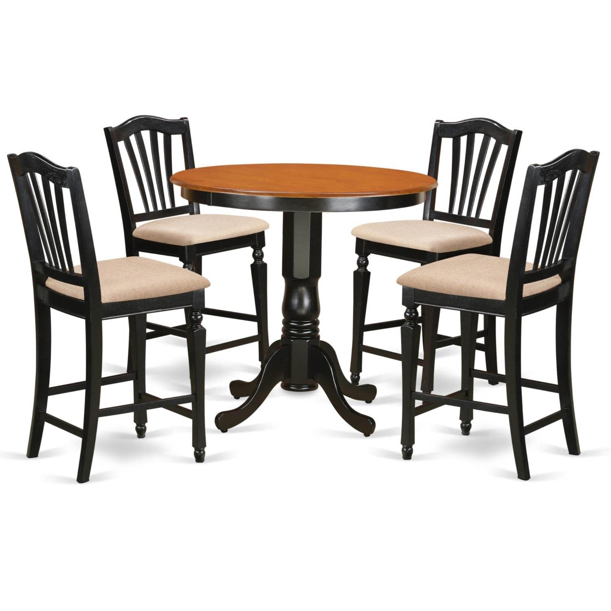 Casafoyer Jach5-Blk-C 5 Piece Kitchen Counter Set Includes A Round Dining Room Table With Pedestal And 4 Linen Fabric Upholstered Dining Chairs, 36X36 Inch, Black & Cherry
