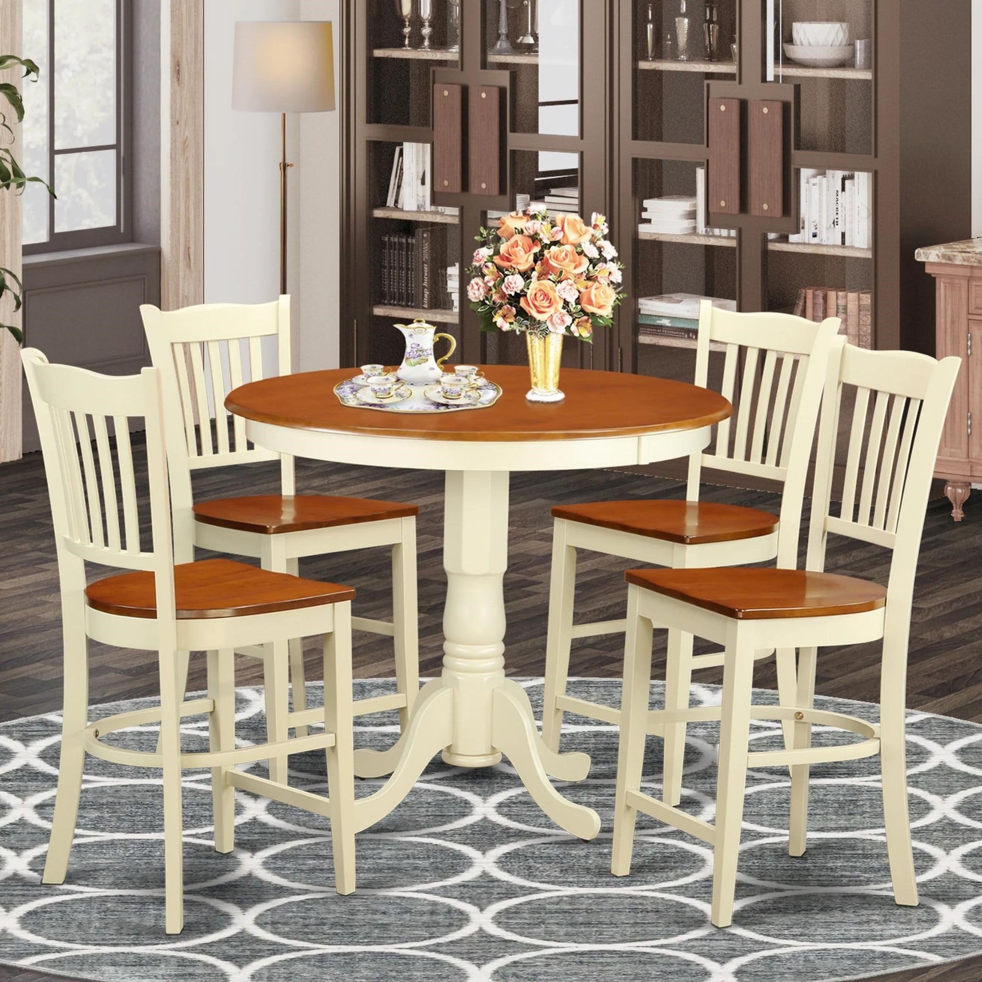 East West Furniture Jagr5-Whi-W 5 Piece Kitchen Counter Set Includes A Round Dining Room Table With Pedestal And 4 Dining Chairs, 36X36 Inch, Buttermilk & Cherry