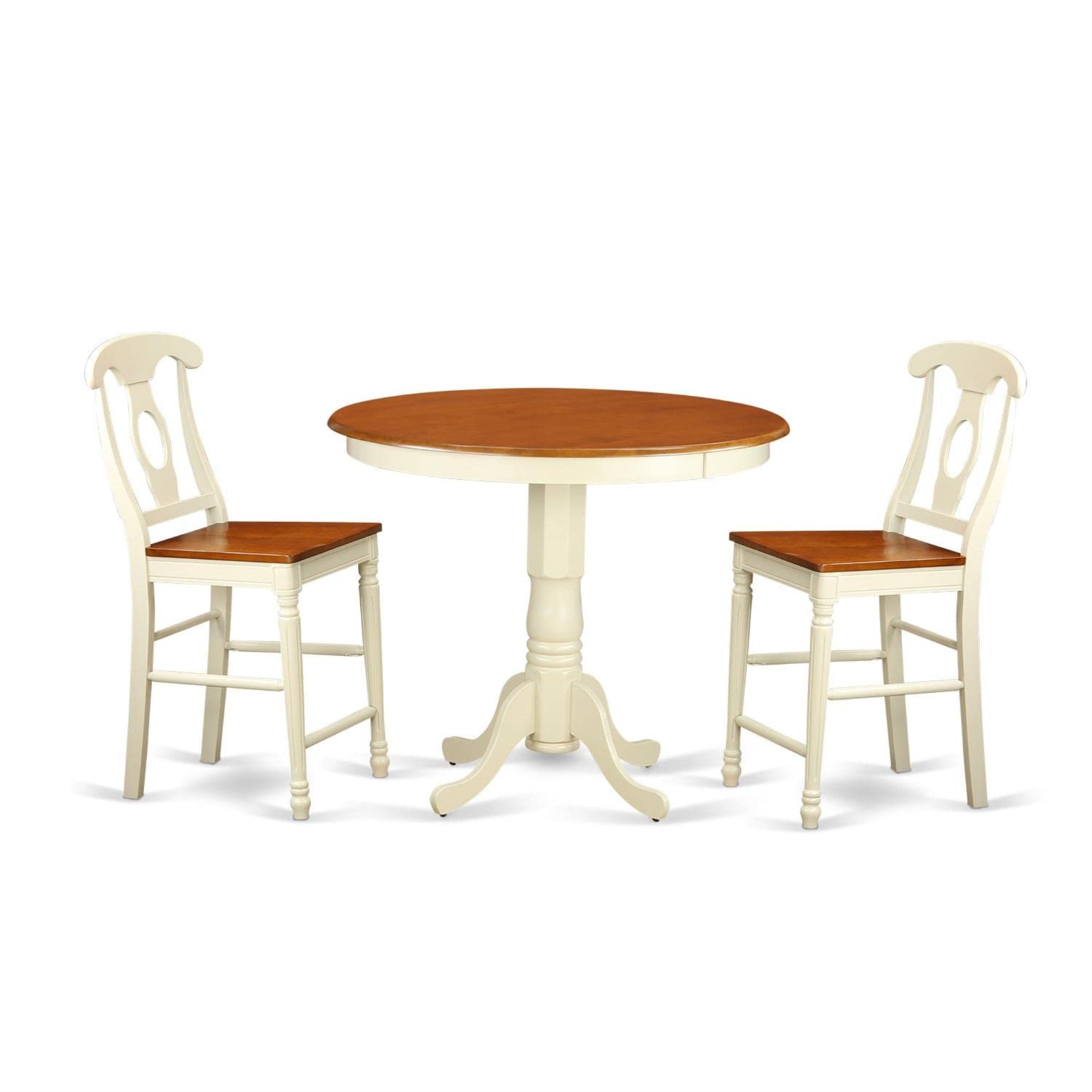 Casafoyer Jake3-Whi-W 3 Piece Counter Height Dining Set For Small Spaces Contains A Round Wooden Table With Pedestal And 2 Kitchen Chairs, 36X36 Inch, Buttermilk & Cherry