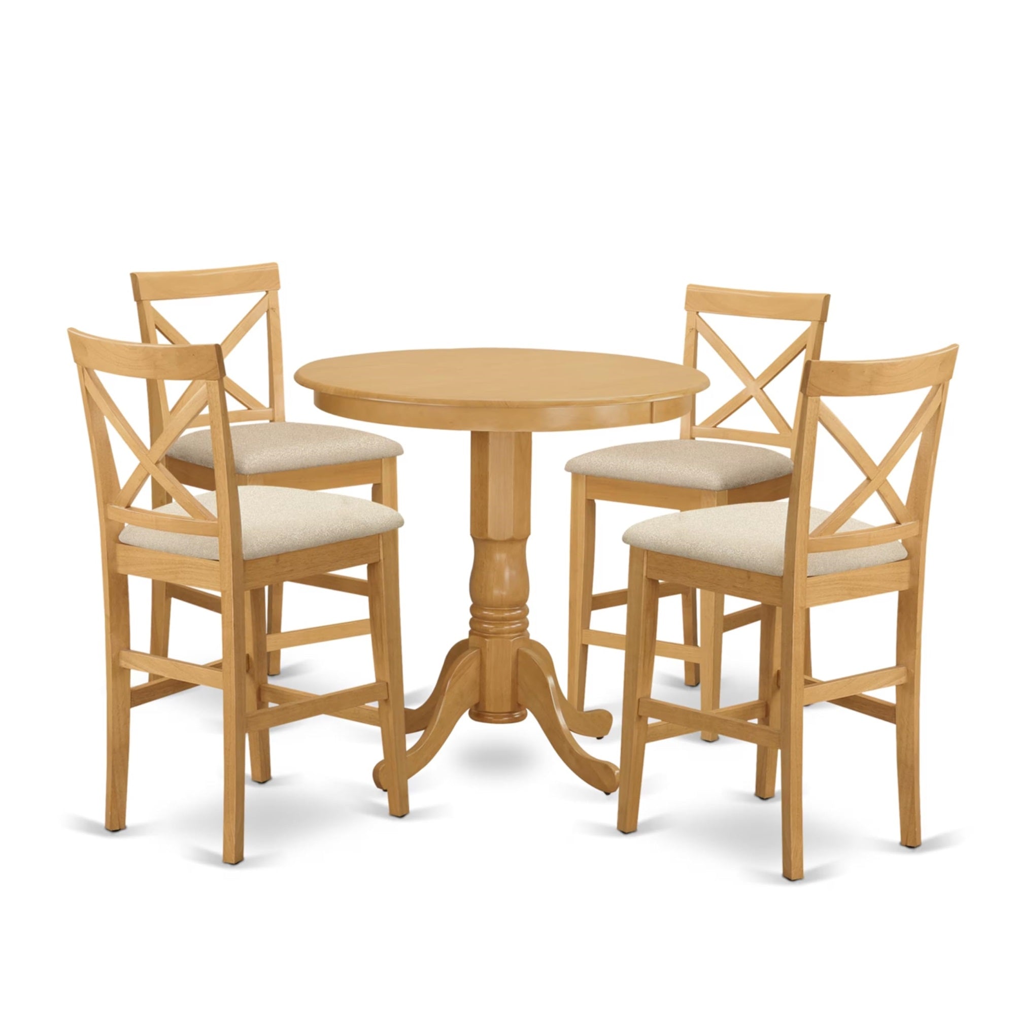 Casafoyer Japb5-Oak-C 5 Piece Counter Height Pub Set Includes A Round Dining Table With Pedestal And 4 Linen Fabric Kitchen Dining Chairs, 36X36 Inch, Oak