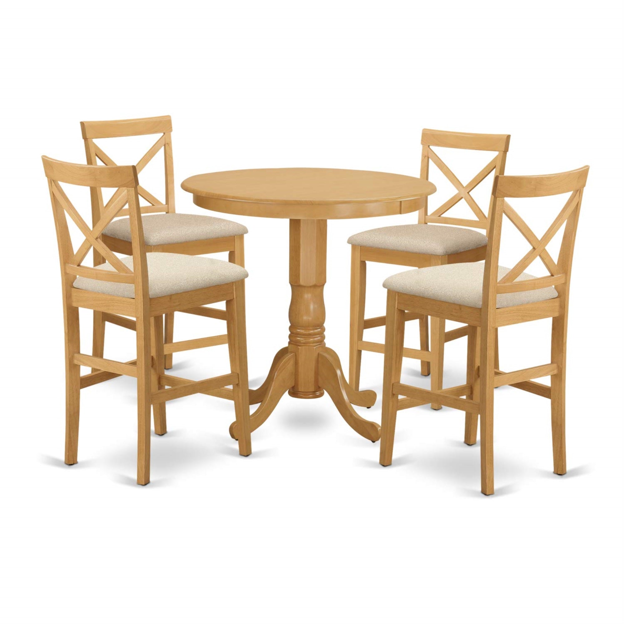 Ergode Japb5-Oak-C, 5 Piece Dining Room Set, Round Table With Pedestal, 4 Linen Fabric Chairs, Oak Finish, 36X36 Inch