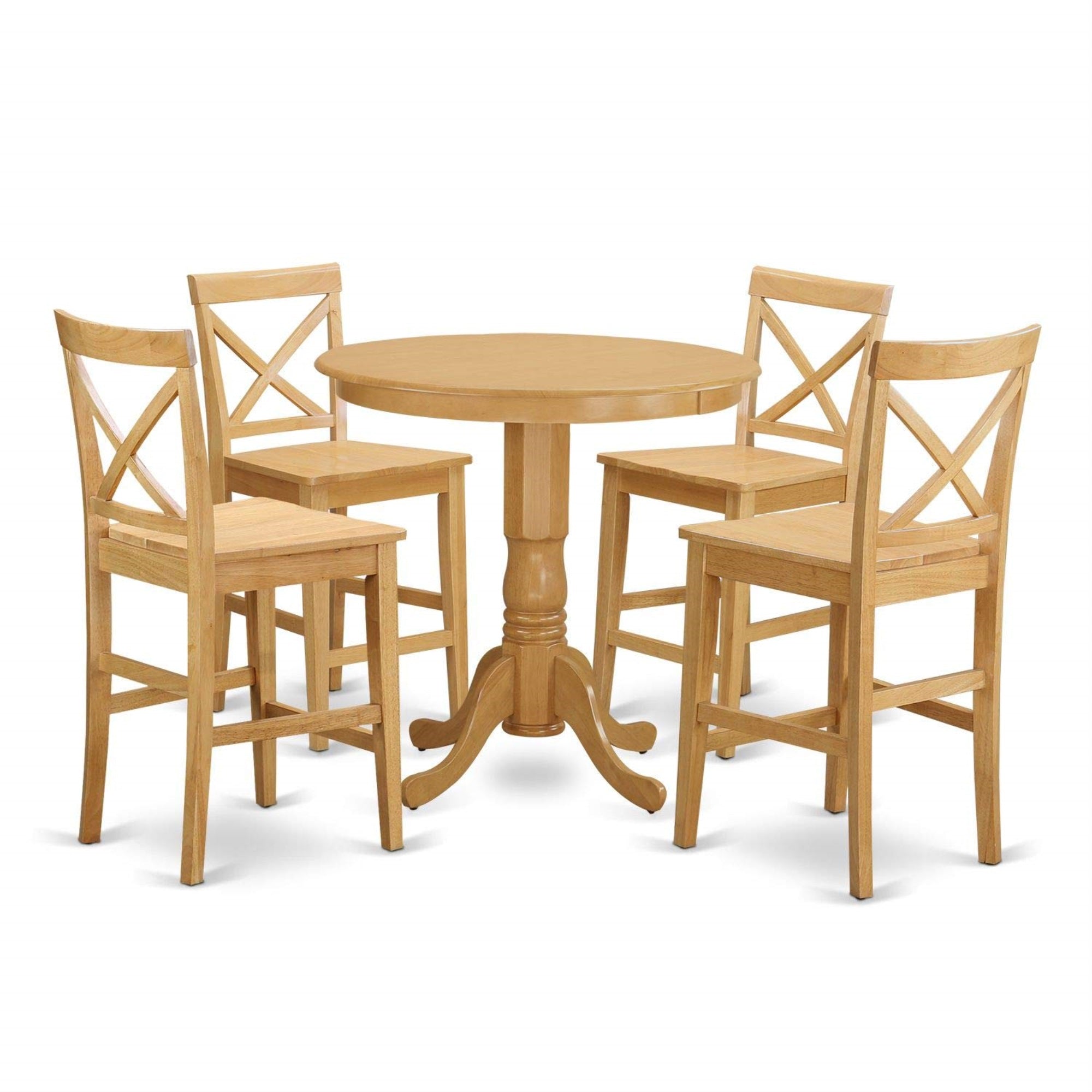 Ergode Japb5-Oak-W, 5-Piece Kitchen Table Set, Round Table With Pedestal, 4 Dining Chairs, Oak Finish, Easy Assembly, Asian Wood Frame, Cross Back Design, 36X36 Inch