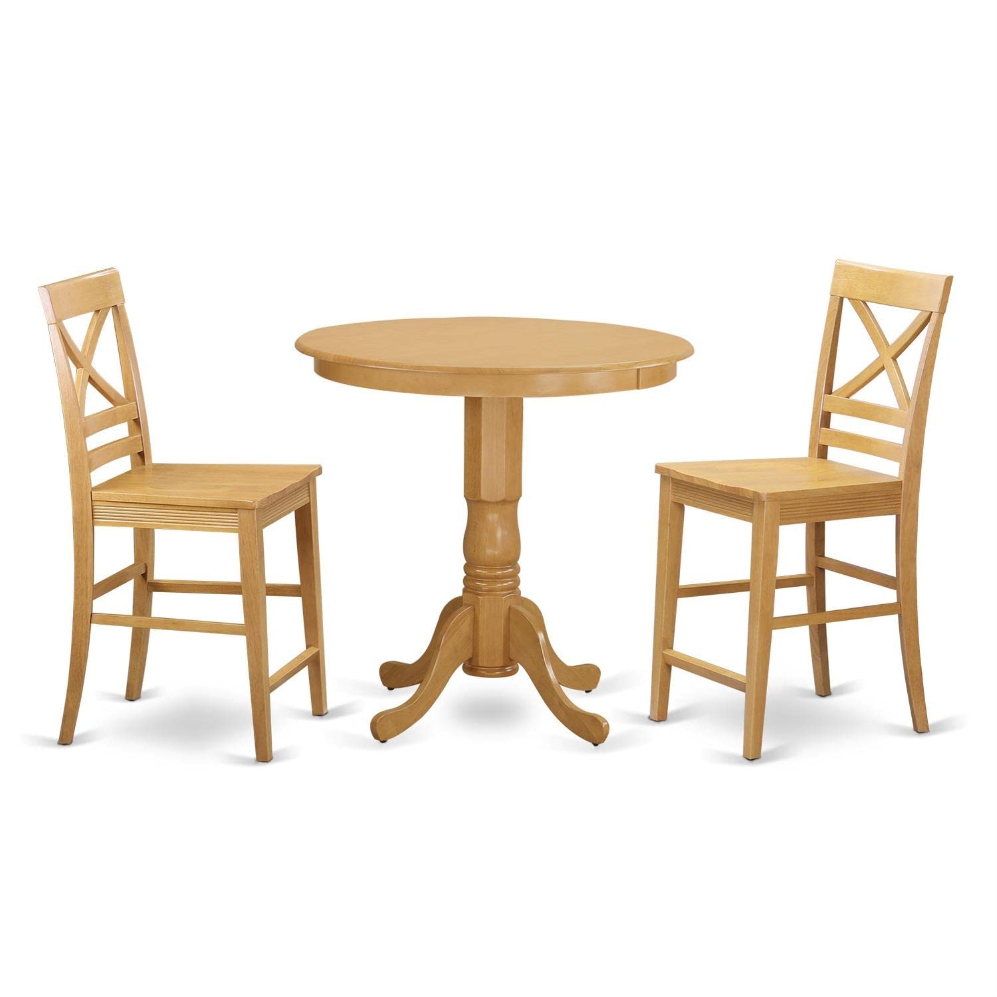 Casafoyer Jaqu3-Oak-W 3 Piece Counter Height Dining Set For Small Spaces Contains A Round Wooden Table With Pedestal And 2 Kitchen Chairs, 36X36 Inch, Oak