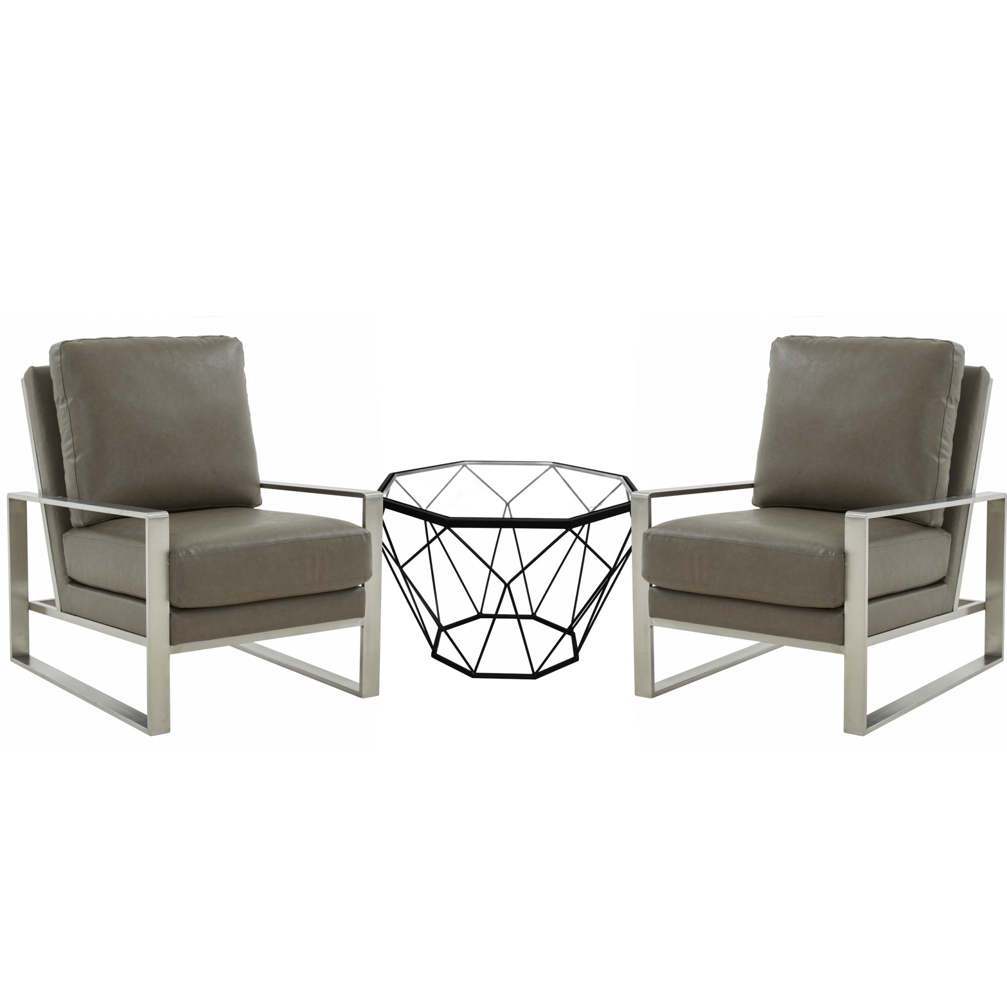 Leisuremod Jefferson Leather Armchair With Silver Frame And Octagon Coffee Table With Geometric Base