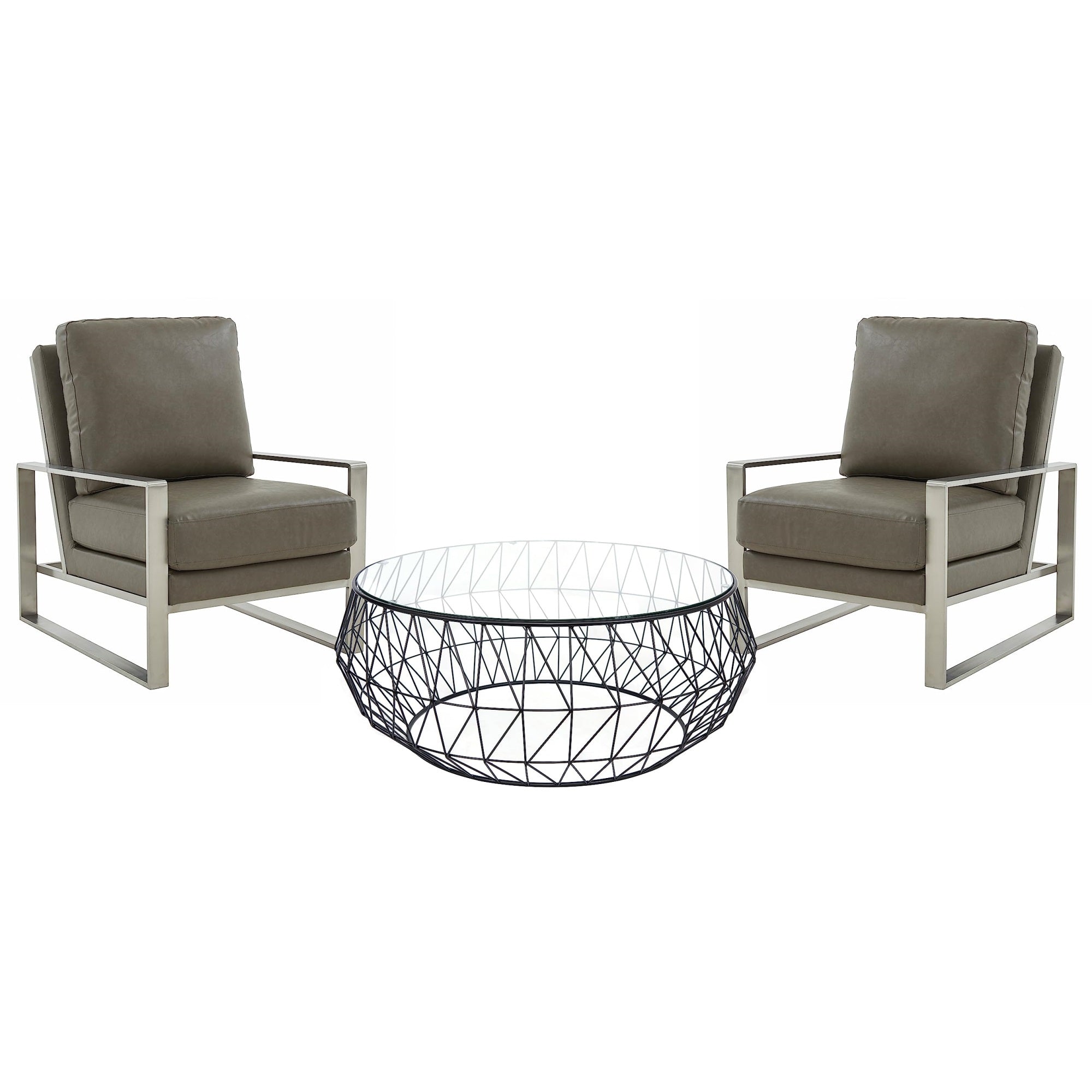 Leisuremod Jefferson Modern Leather Armchair With Silver Frame And Round Coffee Table With Glass Top And Metal Base