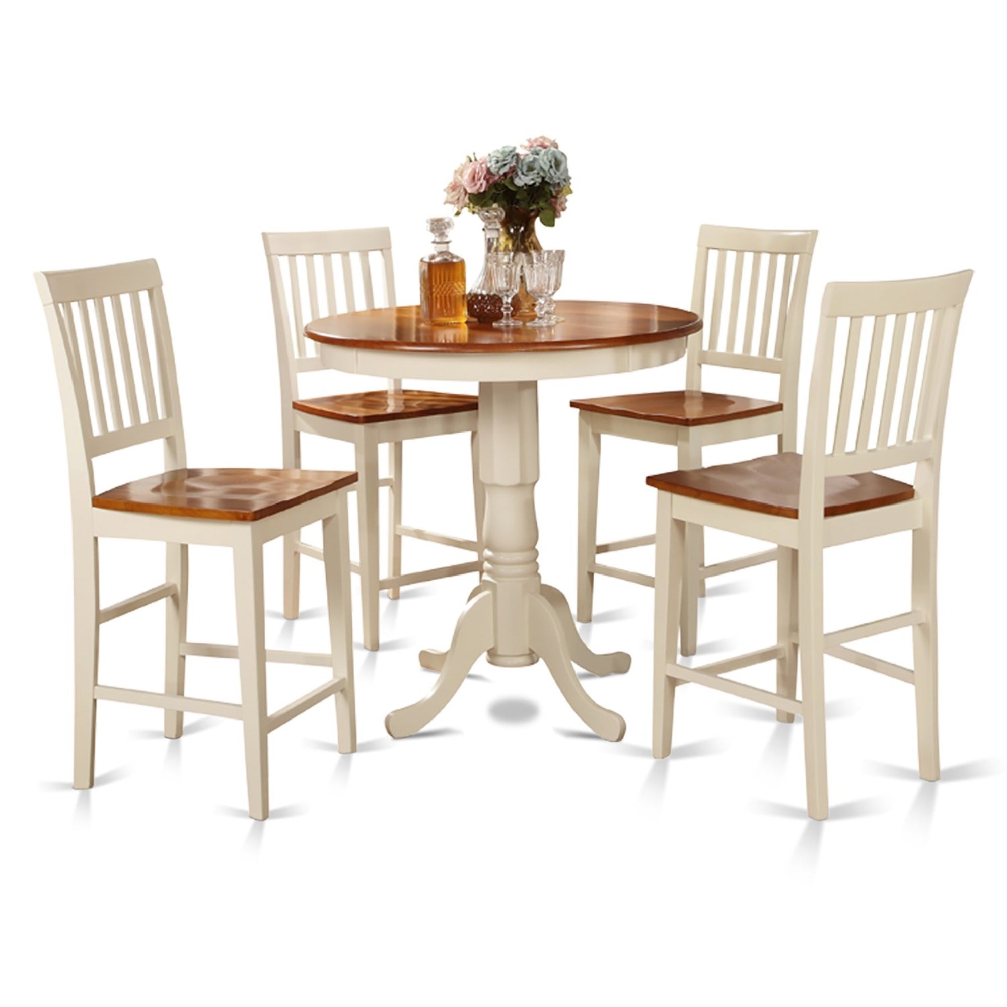 Ergode Javn5-Whi-W 5-Piece Kitchen Set, Round Dining Table With Pedestal & 4 Wooden Chairs, Asian Hardwood, Easy Assembly & Cleaning, 36X36 Inch, Buttermilk & Cherry