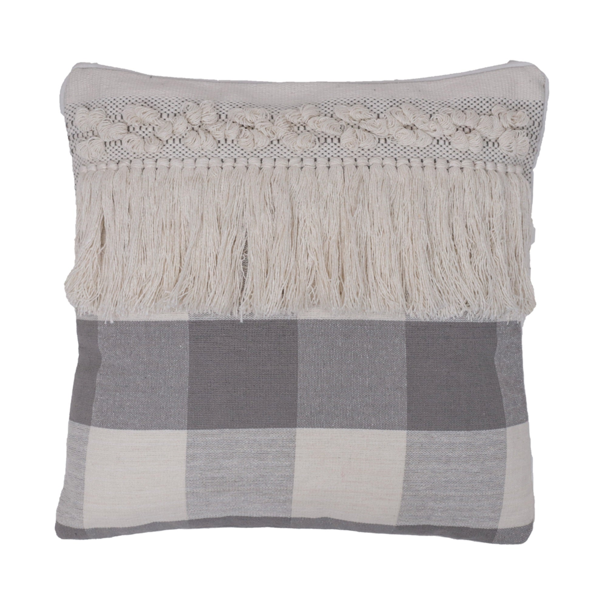 18X18 Grey Plaid Fringe Cotton Pillow