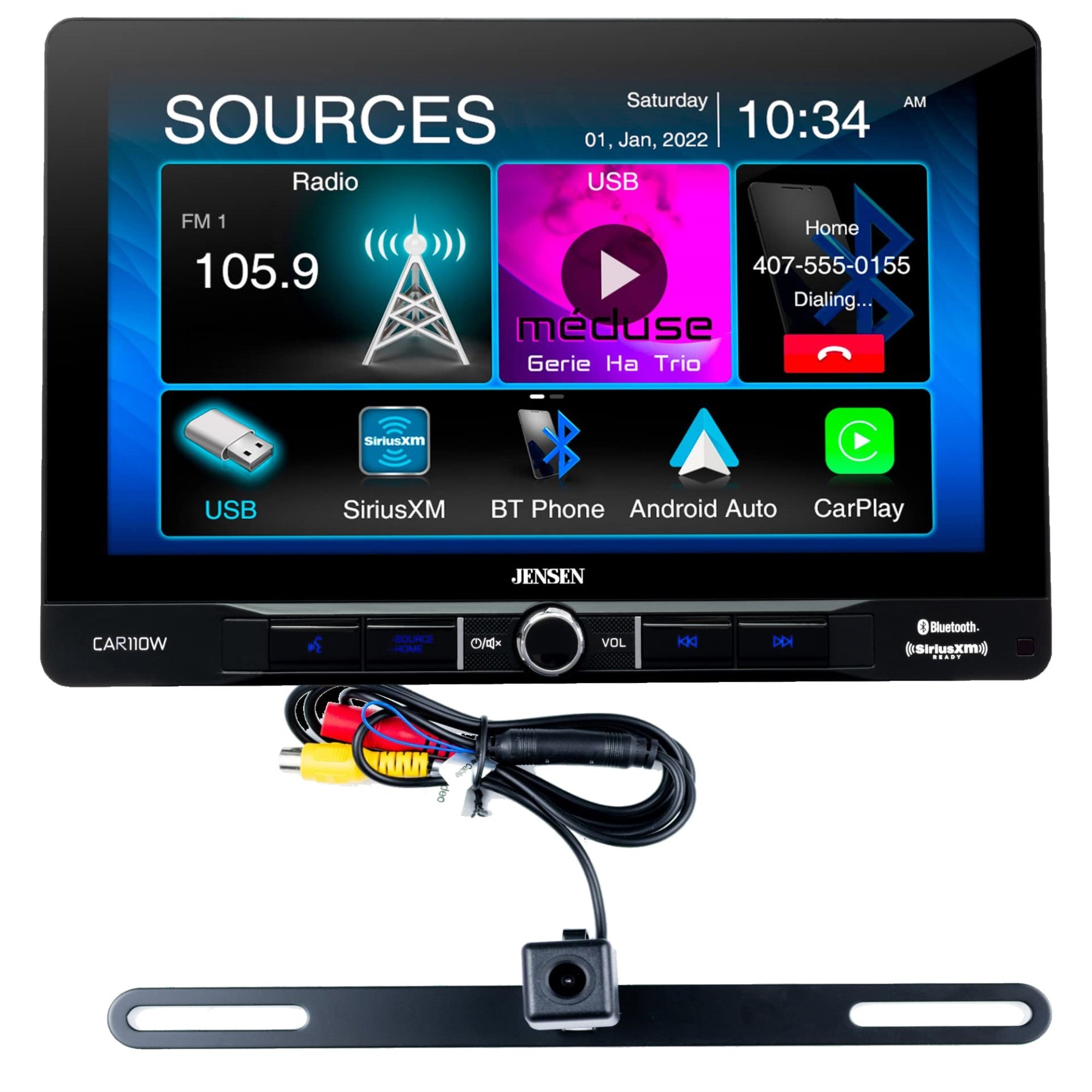 JENSEN CAR110W 10-inch Touch Screen Single DIN Car Stereo Media Receiver | Wireless and Wired Apple CarPlay & Android Auto | Bluetooth | License Plate Style Backup Camera Included | Sirius XM Ready
