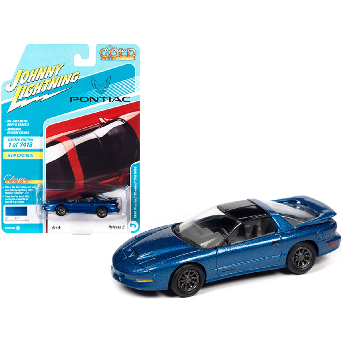 1996 Pontiac Firebird Trans Am T/A Ws6 Medium Cloisonne Blue Metallic With Black Top 'Classic Gold Collection' Limited Edition To 7418 Pieces Worldwide 1/64 Diecast Model Car By Johnny Ligh
