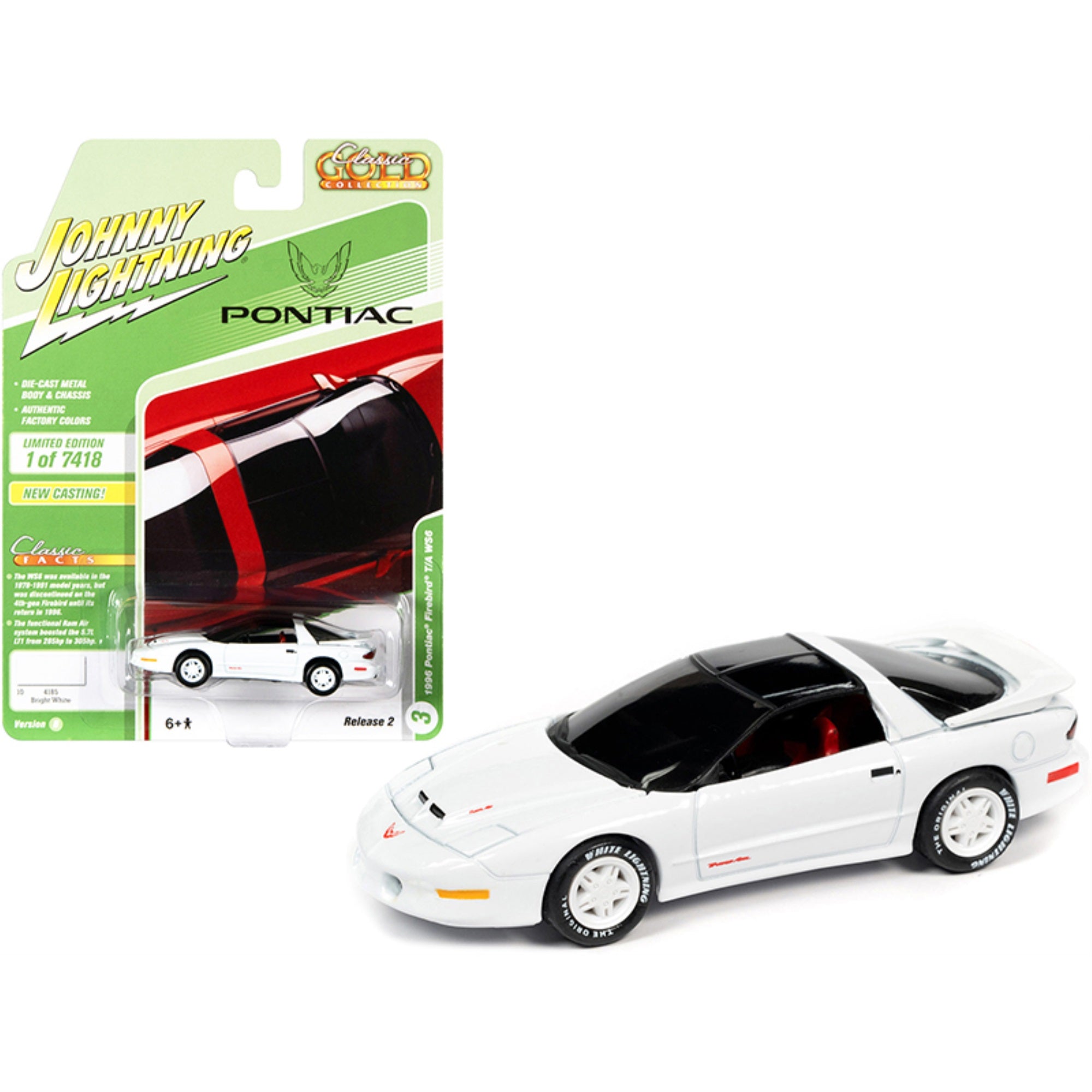 1996 Pontiac Firebird Trans Am T/A Ws6 Bright White With Black Top And Red Interior 'Classic Gold Collection' Limited Edition To 7418 Pieces Worldwide 1/64 Diecast Model Car By Johnny Light