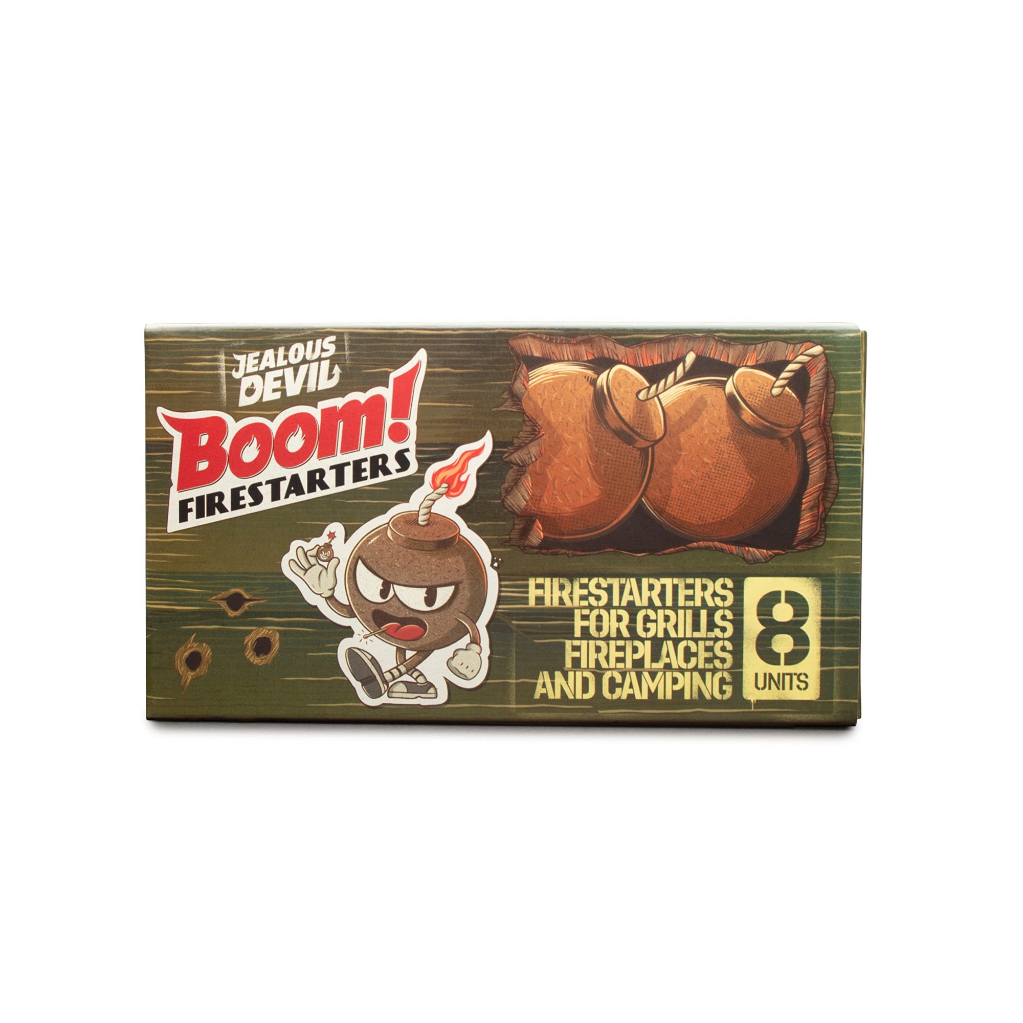 Jealous Devil Boom! Firestarters 8 Pack, 100% Natural Made From Coconut Fiber, No Smoke And Odorless, Waterproof, 20-Minute Long Burn For Bbq Lump Charcoal, Briquettes, Fireplace, Camping And More