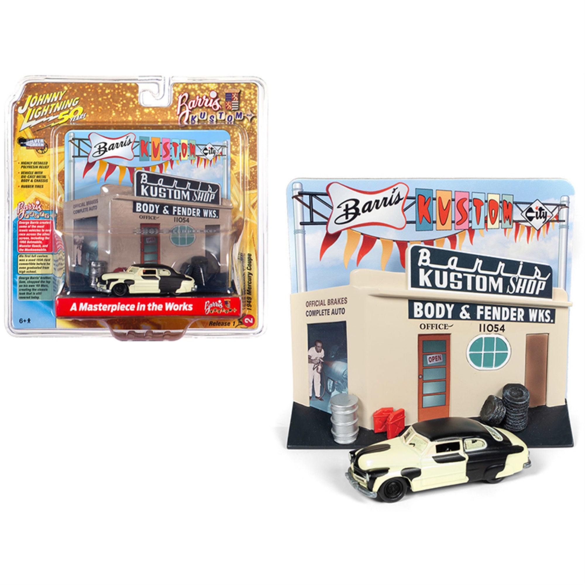 1949 Mercury Coupe Project Car With Barris Kustom Shop Facade Diorama Johnny Lightning 50Th Anniversary 1/64 Diecast Mod