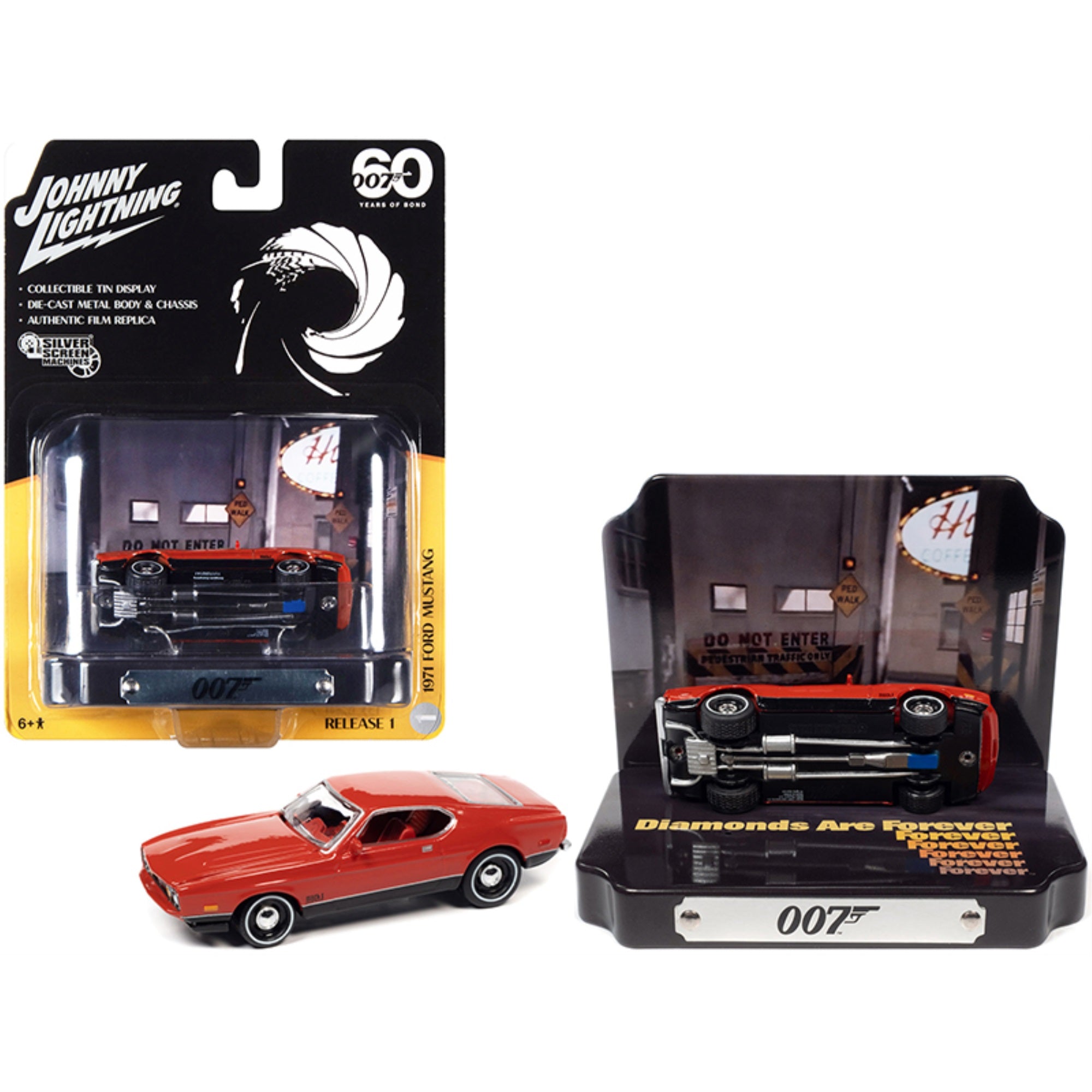 1971 Ford Mustang Mach 1 Red With Collectible Tin Display '007' (James Bond) 'Diamonds Are Forever' (1971) Movie '60 Years Of Bond' 1/64 Diecast Model Car By Johnny Lightning