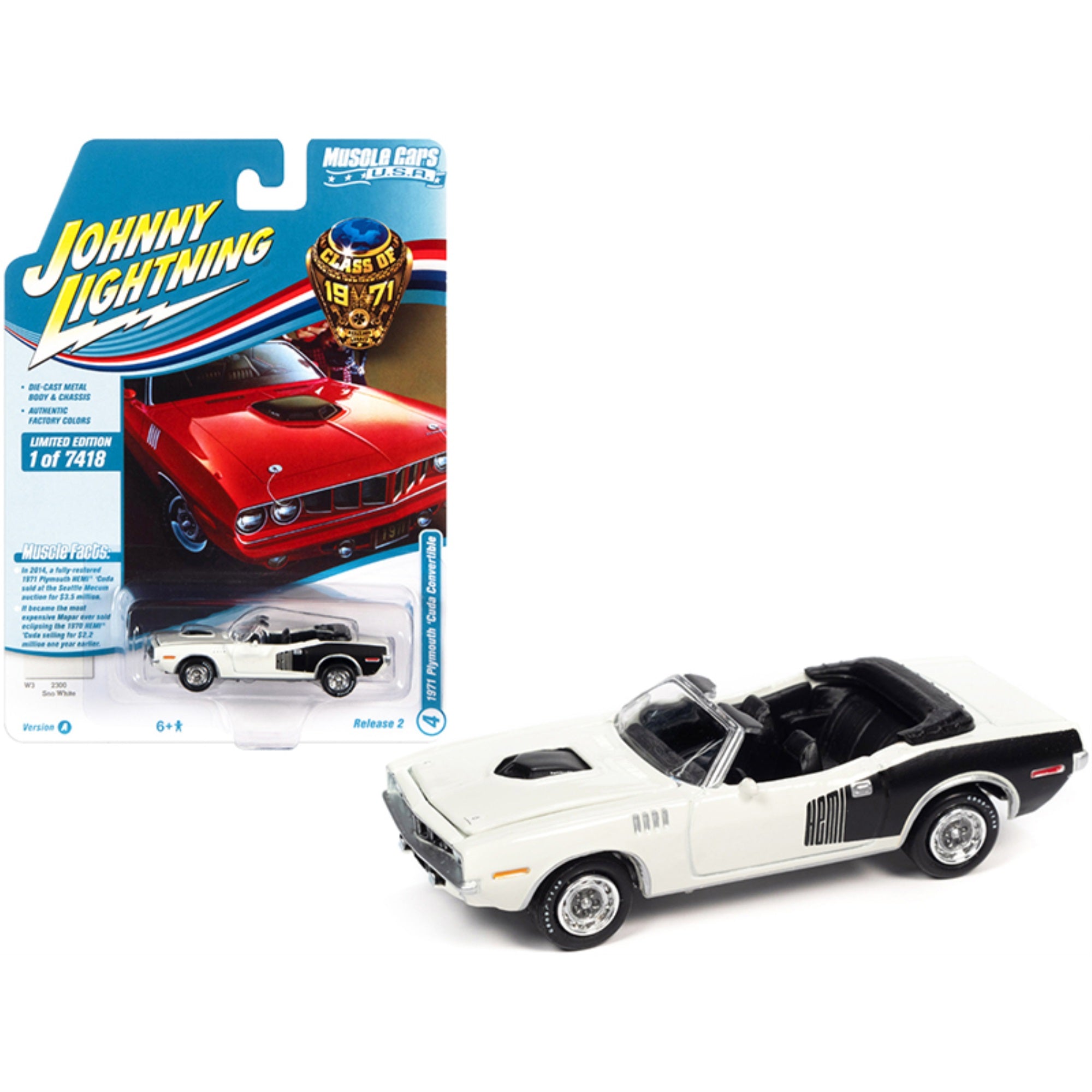 1971 Plymouth Barracuda Convertible Sno White With Black Hemi Side Billboards 'Class Of 1971' Limited Edition To 7418 Pieces Worldwide 'Muscle Cars Usa' Series 1/64 Diecast Model Car By J