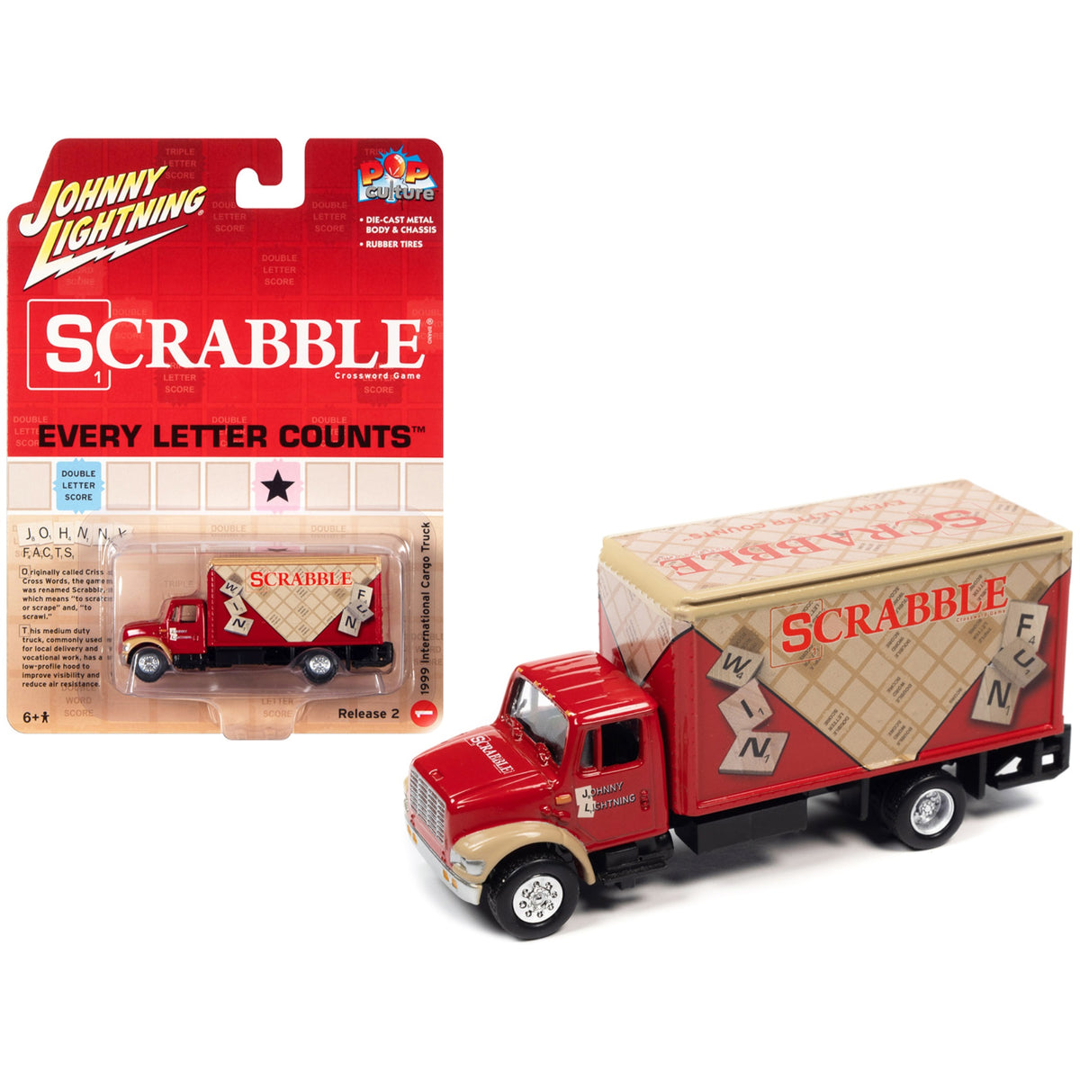 1999 International Cargo Truck Red With Graphics Scrabble Pop Culture 2022 Release 2 1/64 Diecast Model Car By Johnny Li